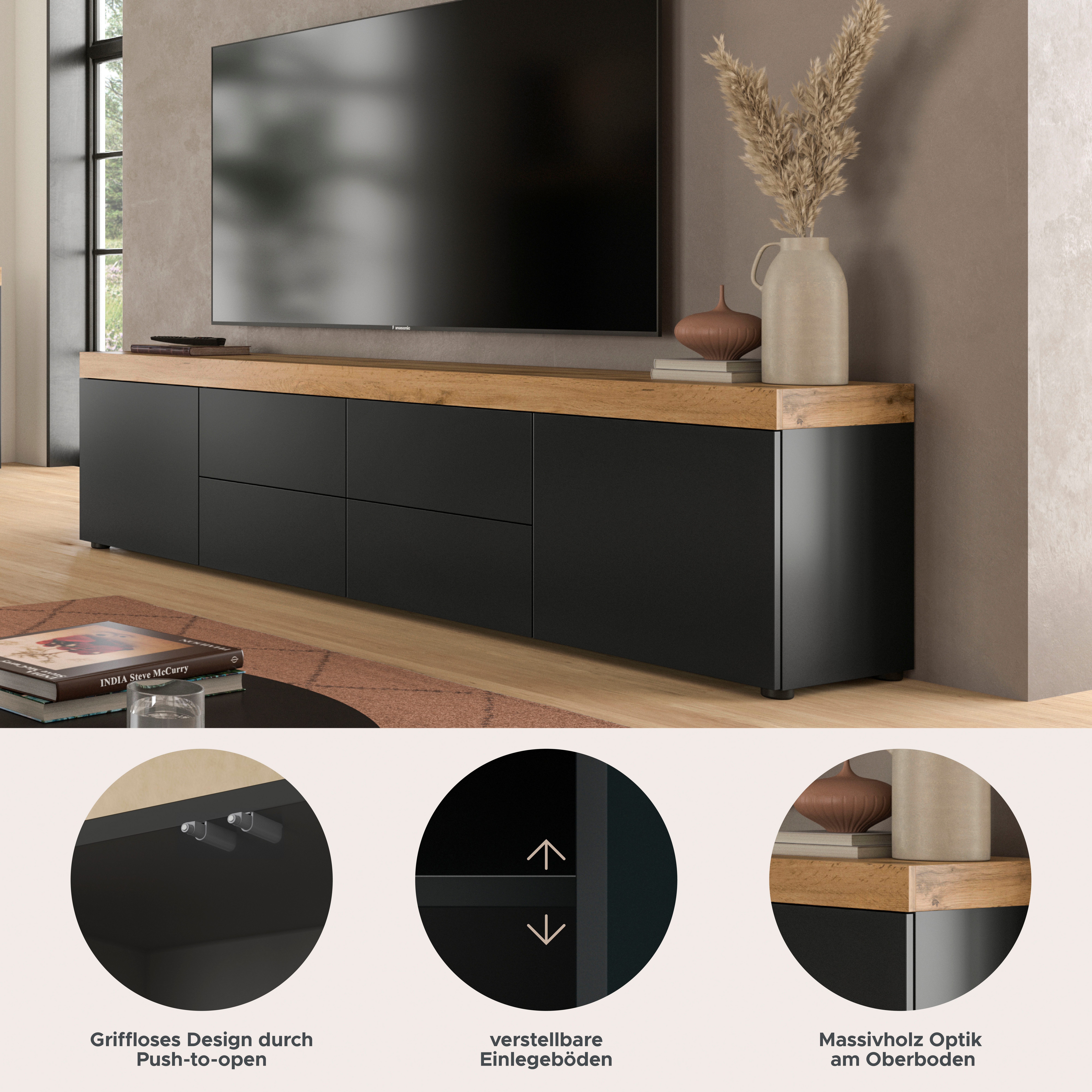 OTTO home Lowboard MAMBO, TOPSELLER!, Breite 200cm, 2 Türen, 4 Schubkästen, push-2-open (1 St., 2 farbige Ausführung, in verschiedenen Farben erhältlich), Lowboard, TV Unterschrank, Tv-Schrank, Wohnzimmer