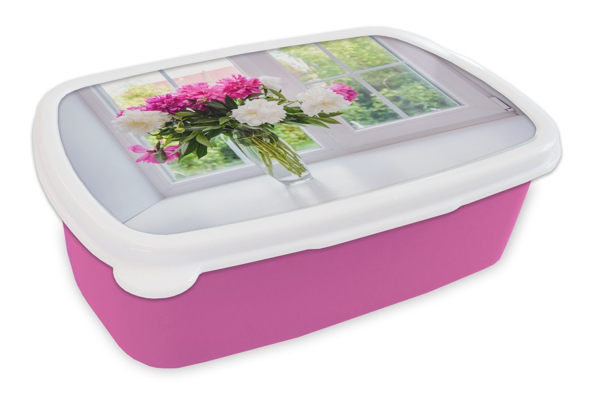 Mädchen, - MuchoWow Brotbox Blumen Kinder, Brotdose Snackbox, - Vase, Pfingstrosen Lunchbox (2-tlg), Kunststoff für rosa Erwachsene, Kunststoff,