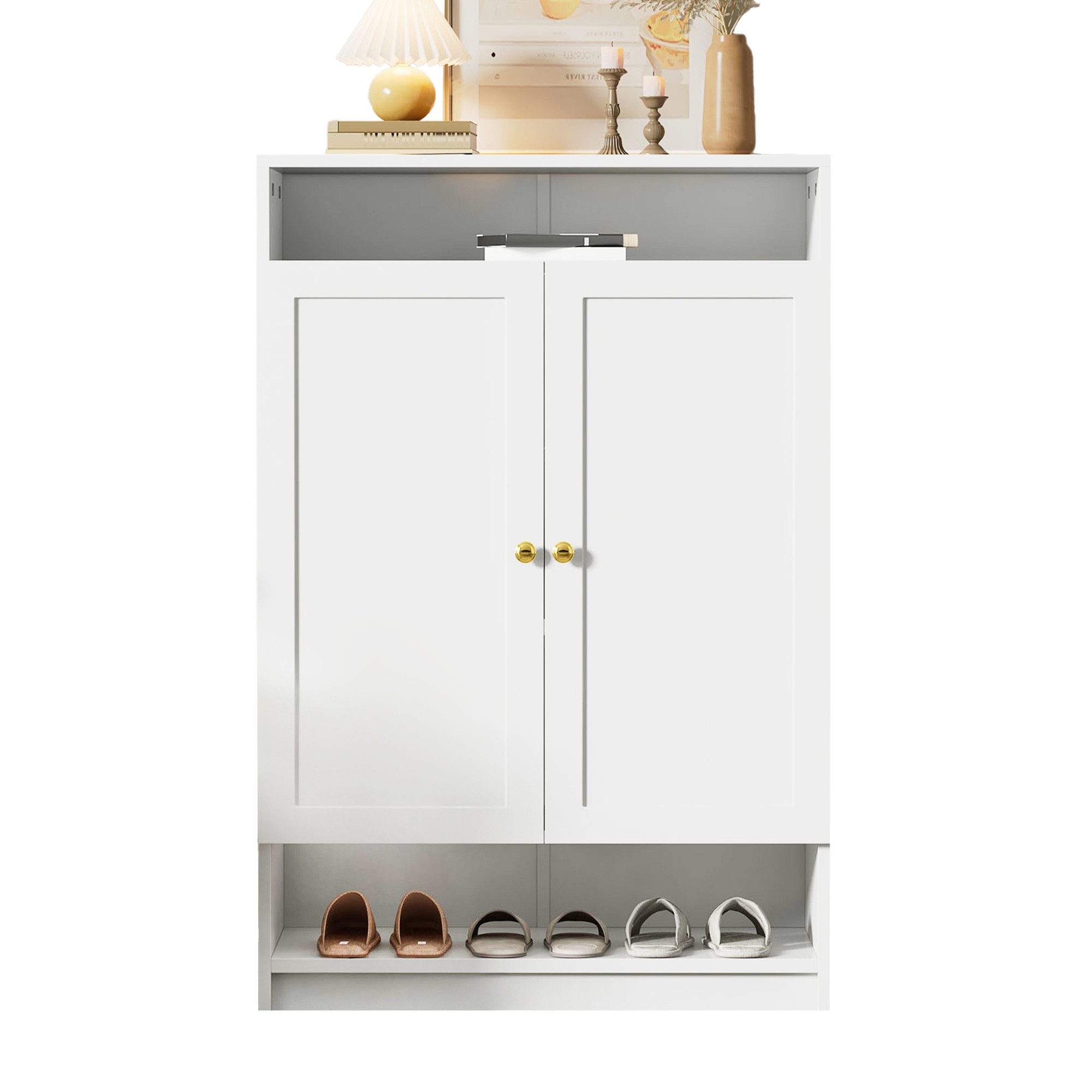 i@home Schuhschrank mit verstellbaren Regalen, weiß goldenen Griffen, Schuhkommode mit 2 Türen, B73/146*D34*H109