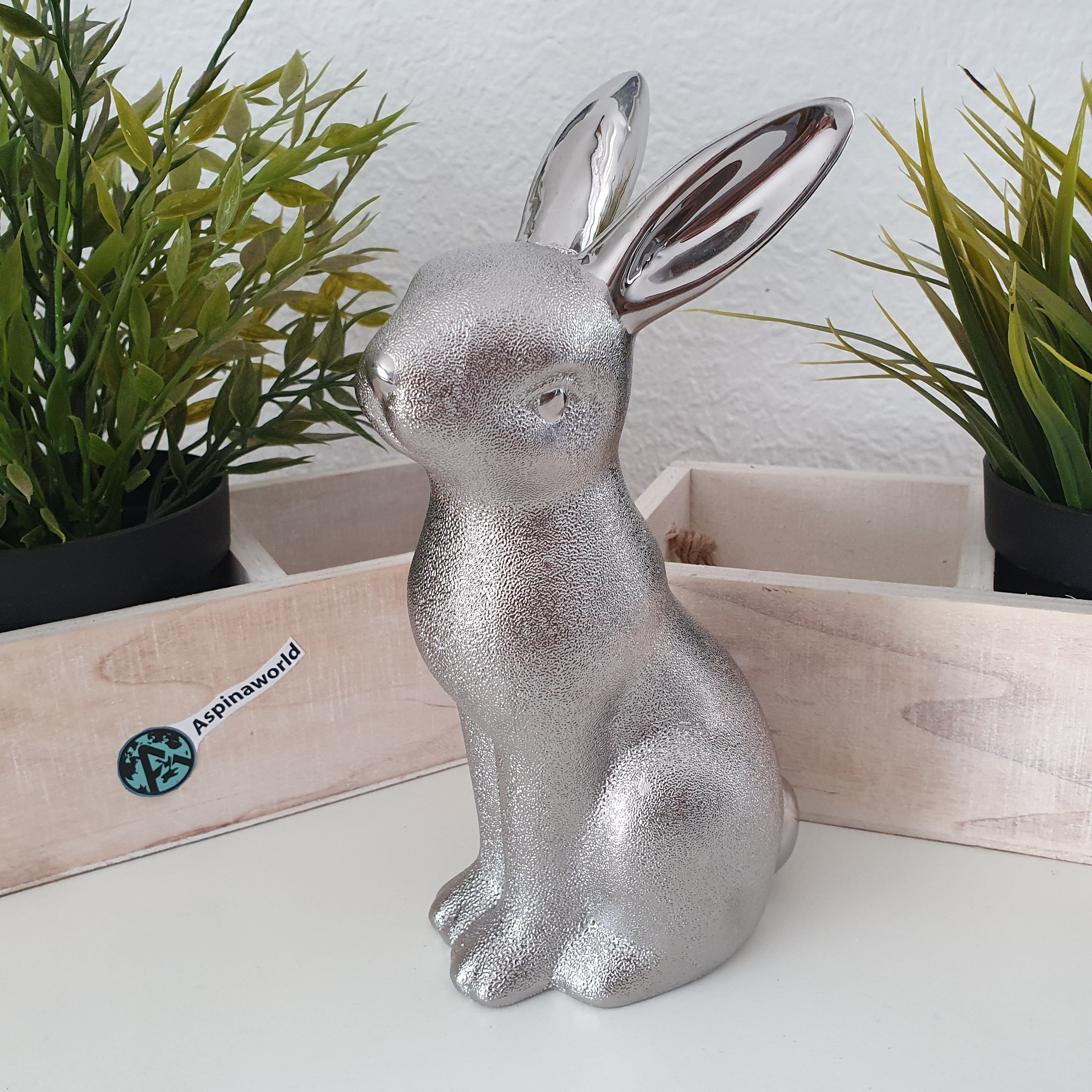 Aspinaworld Dekofigur Silberne Hasen Figur aus Porzellan 19 cm