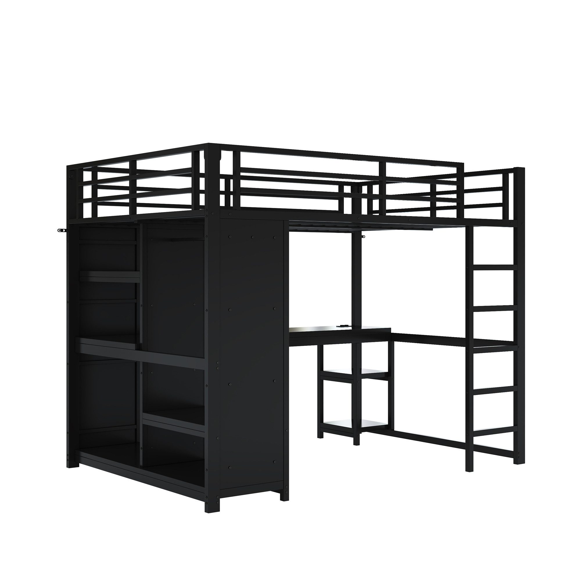 Merax Loft Bed (Youth Bed, Children's Bed, Single Bed, Play Bed, 1-Piece) Metal Bed 140x200cm with LED, Desk, Wardrobe, and Storage Compartments