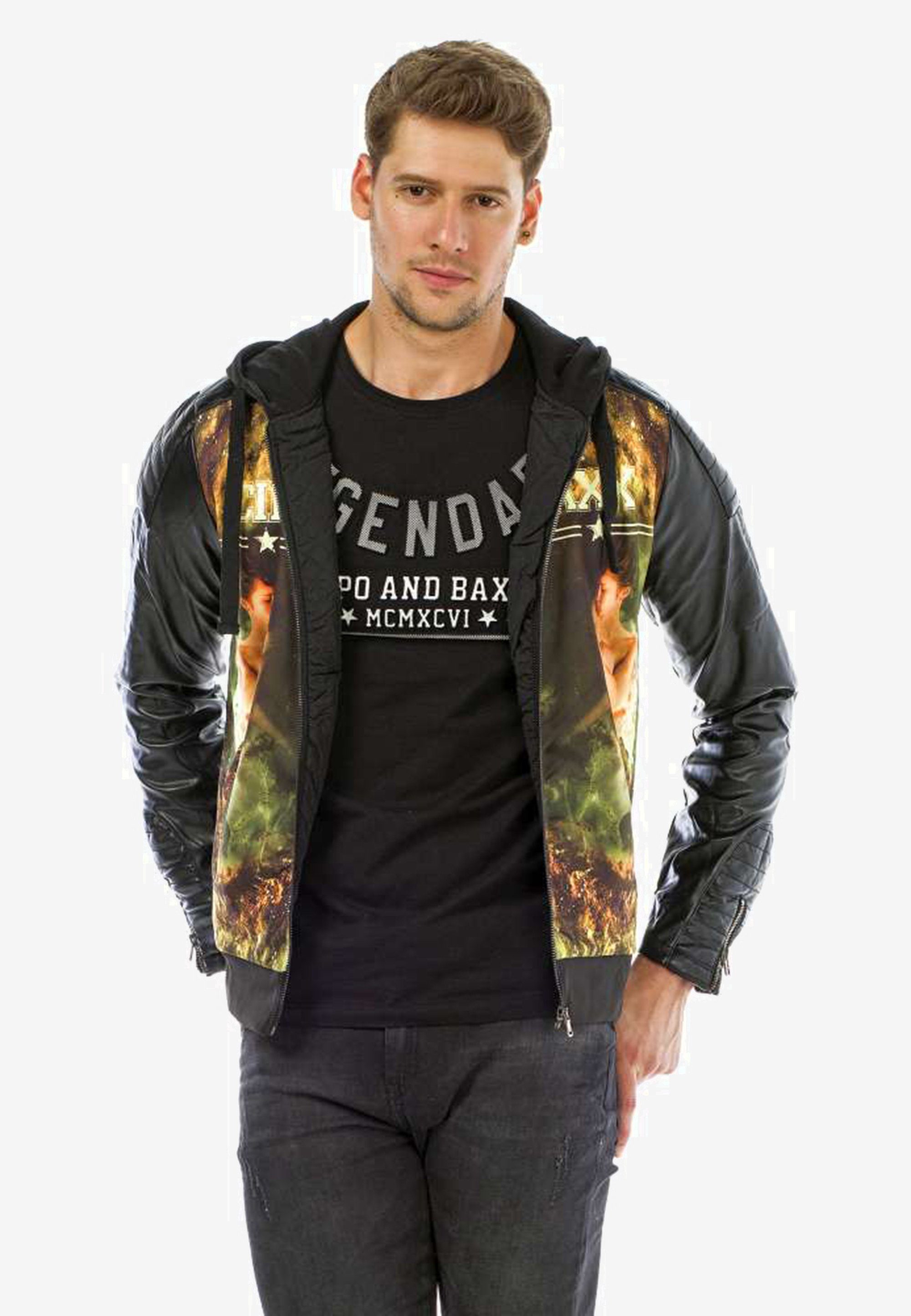 & Cipo Baxx Outdoorjacke mit Leder-Optik-Ärmeln