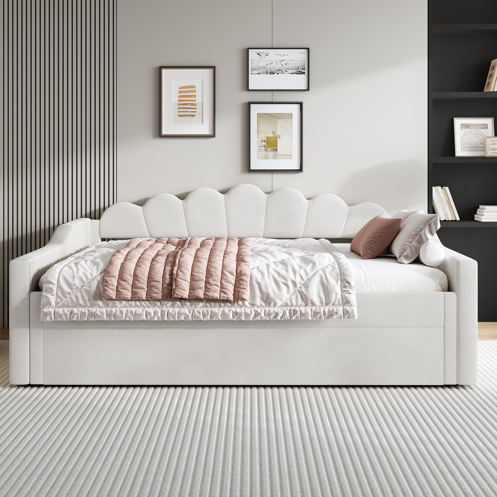 Flieks Daybett, Polsterbett Tagesbett 140x200cm mit Ausziehbett 90x190cm und LED