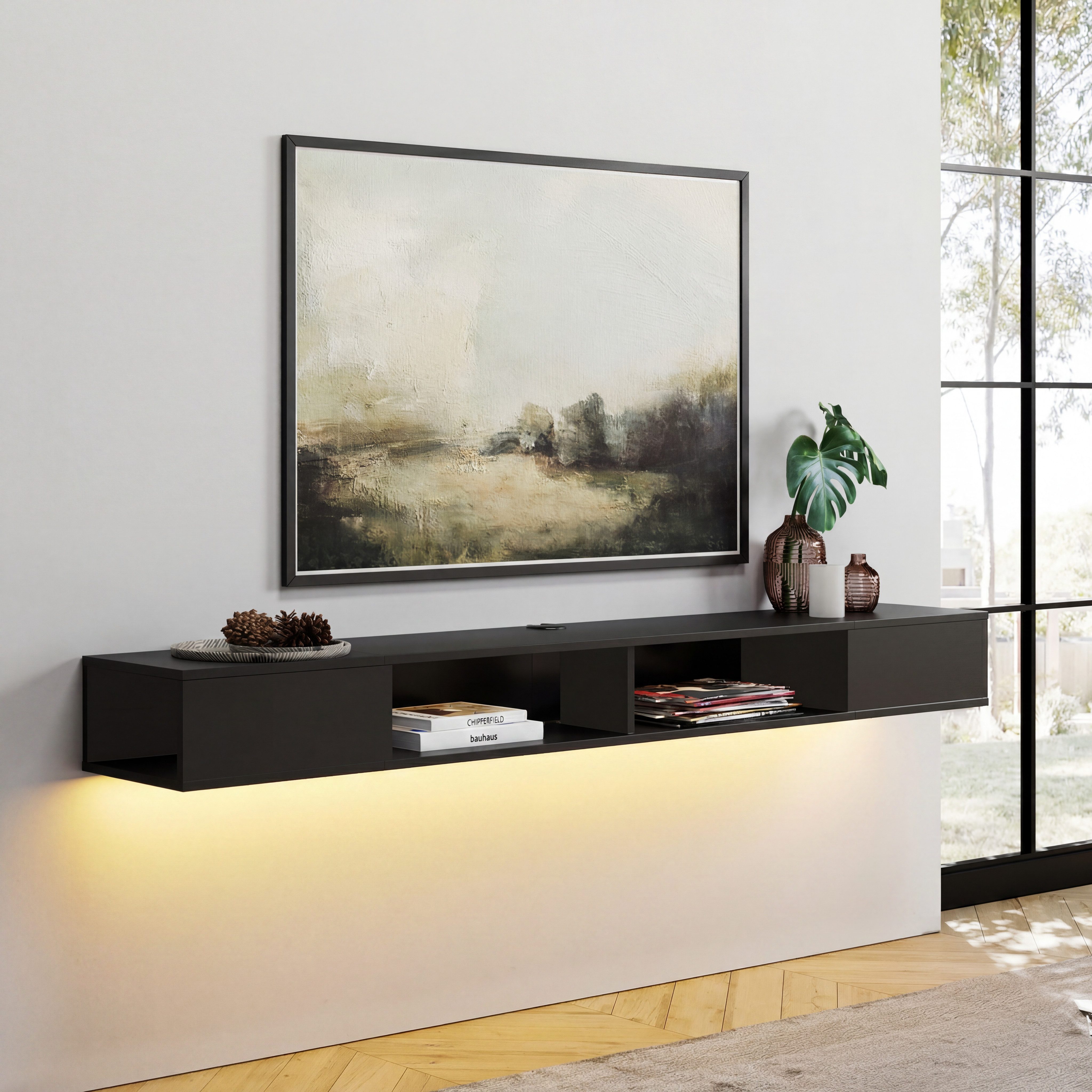 WAMPAT TV-Board hängendes, ca. 180 cm breites Lowboard mit 4 Fächern, LED-Beleuchtung, für Fernseher bis 80 Zoll, offene Seiten, 16 LED-Farben