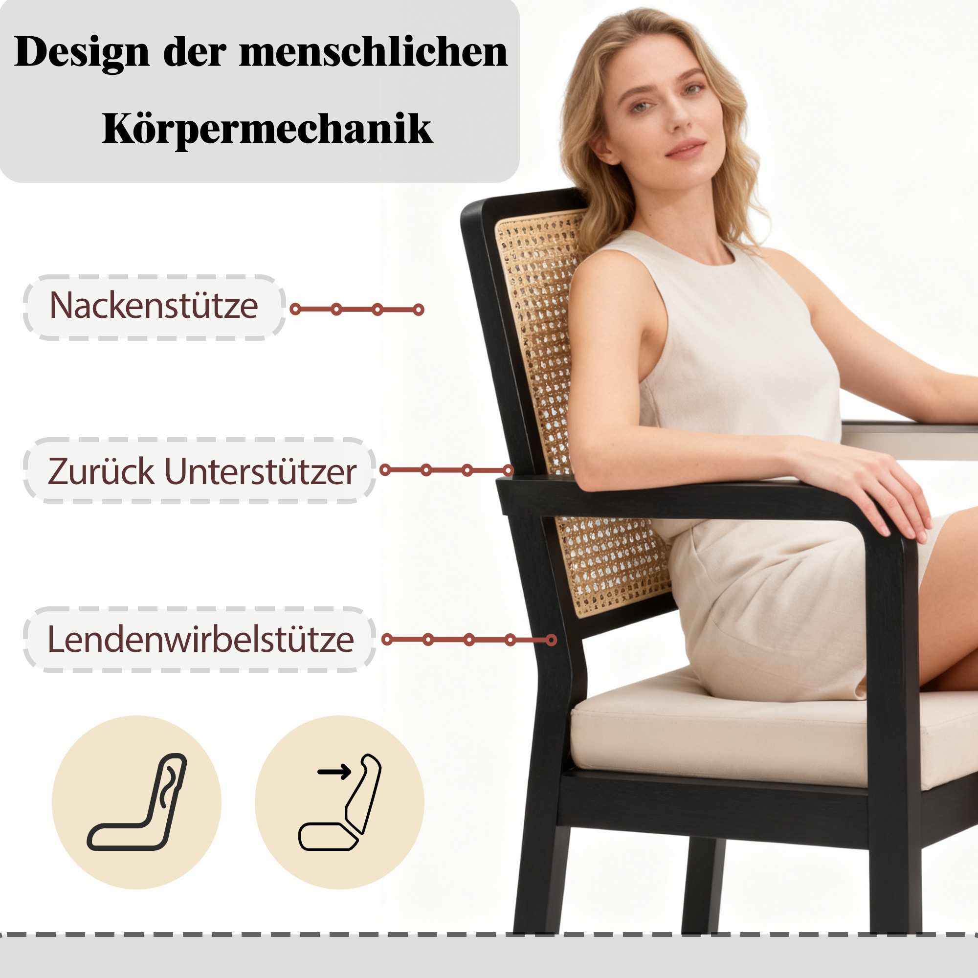 MODFU Esszimmerstuhl für Esszimmer, Schminktisch (Eleganter Velours-Stuhl mit ergonomischer Rattan-Rückenlehne, verstellbaren Füßen und Gummiholzbeinen., 2 St)