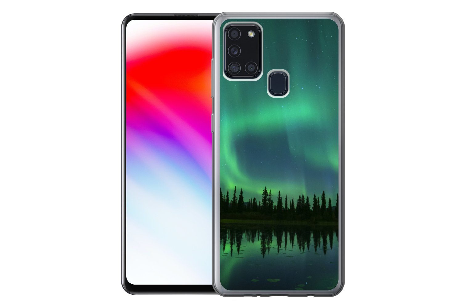 MuchoWow Handyhülle für Samsung Galaxy A21s Nordlicht - Bäume - Wasser - Alaska, Smartphone-Bumper, Print, Handy Schutzhülle Dünn