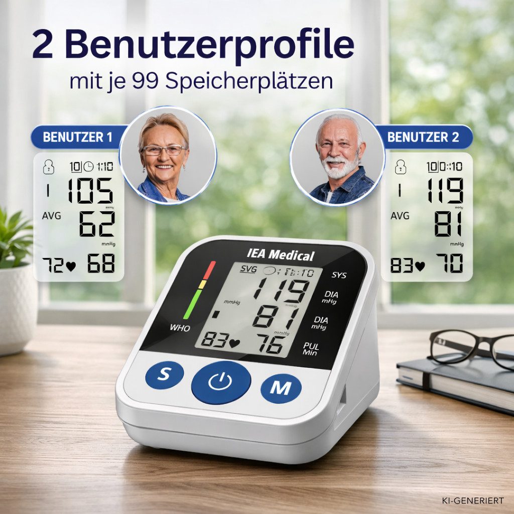 IEA Medical Oberarm-Blutdruckmessgerät ZK-B869, LCD-Display, mit Arrhythmie-Anzeige, mit WHO-Indikator, 2 Nutzer × 99 Speicher, Manschette 22-42 cm