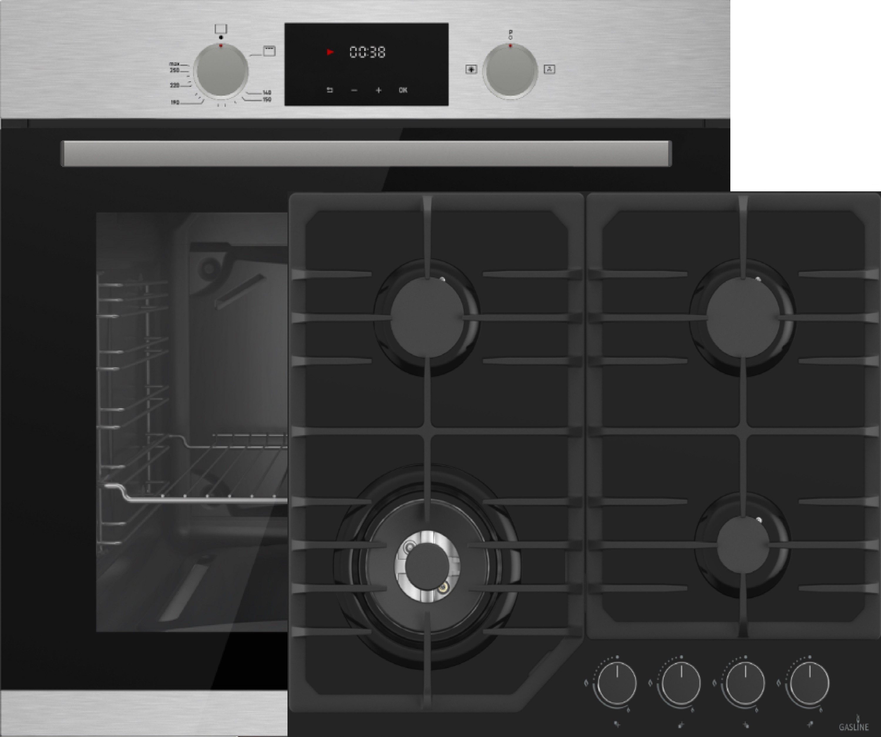 Gasline Backofen-Set Gasline Einbaubackofen GB850FIX+GAG60GLWG Gaskochfeld Glaskeramik 60cm