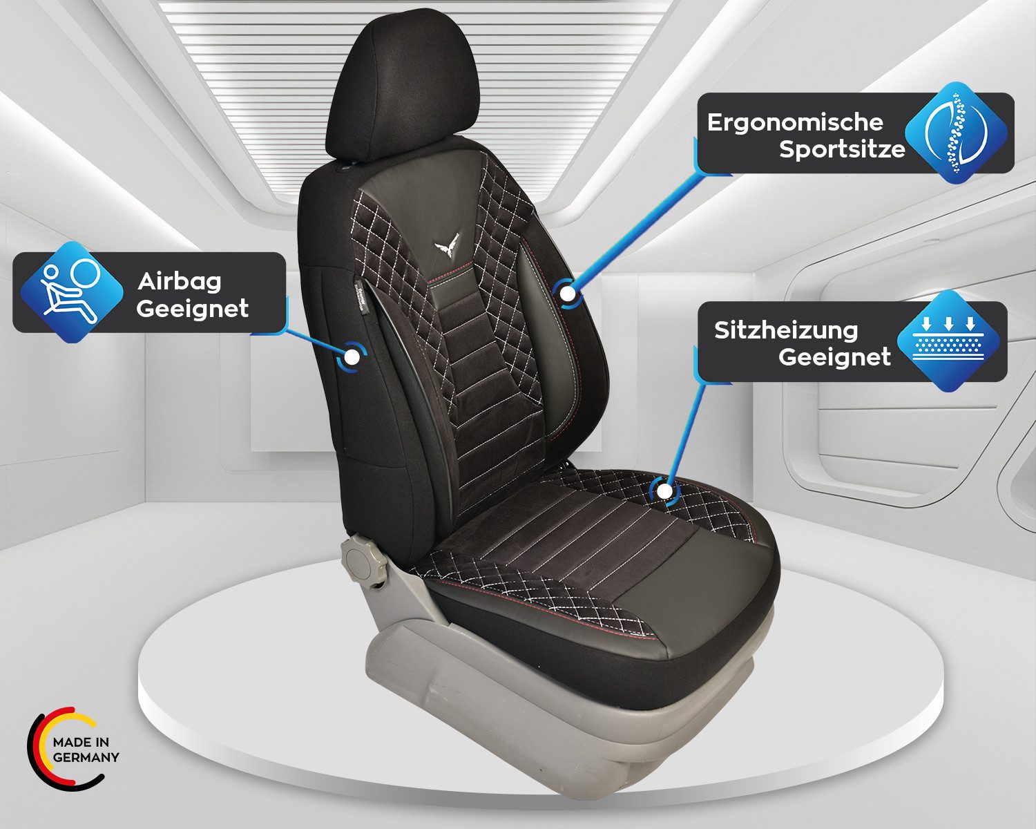 BREMER SITZBEZÜGE Autositzbezug für Mercedes GLK X204 Bj 2008-15 (PS808), Set, Schonbezüge Sitzbezüge Fahrer und Beifahrer, in Schwarz/Weiße Naht