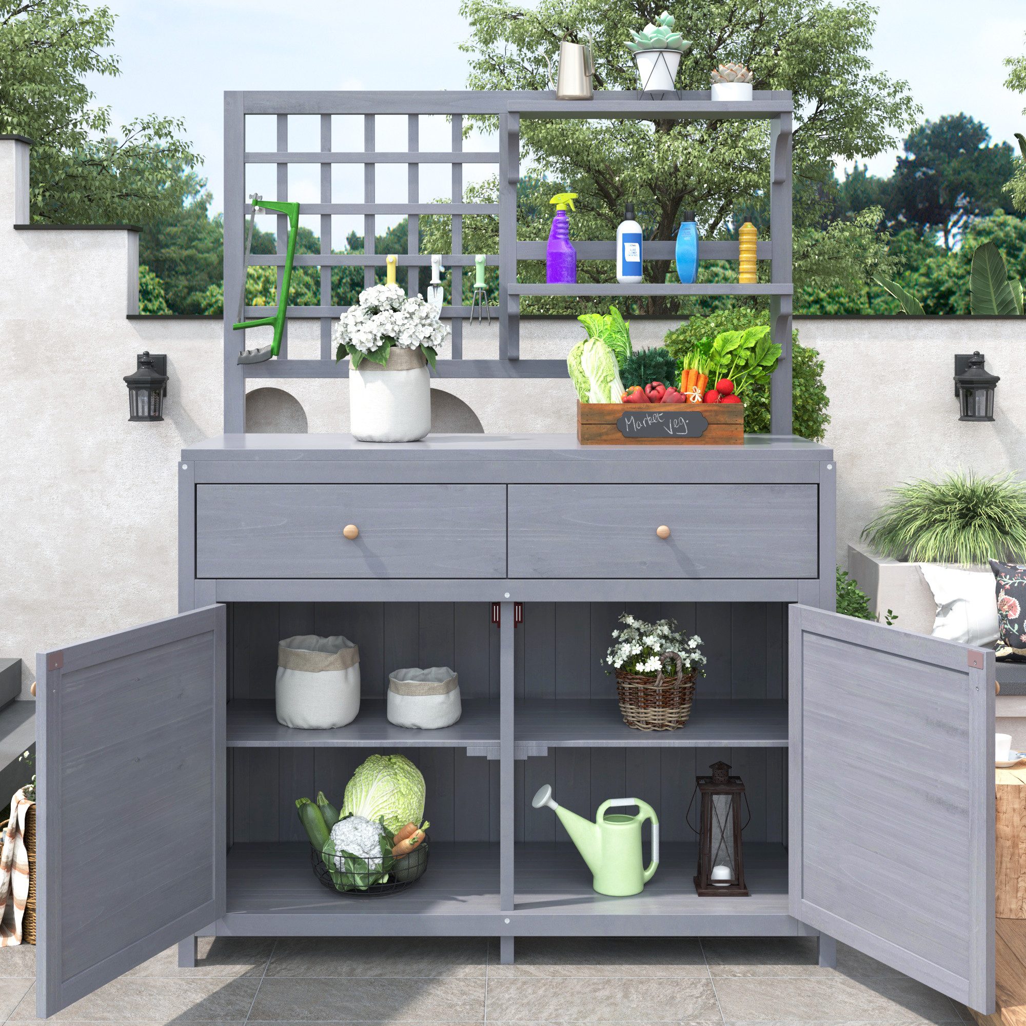OKWISH Geräteschrank Holz Gartenschrank,Outdoor Schrank,Gerätehaus,mit Rega günstig online kaufen