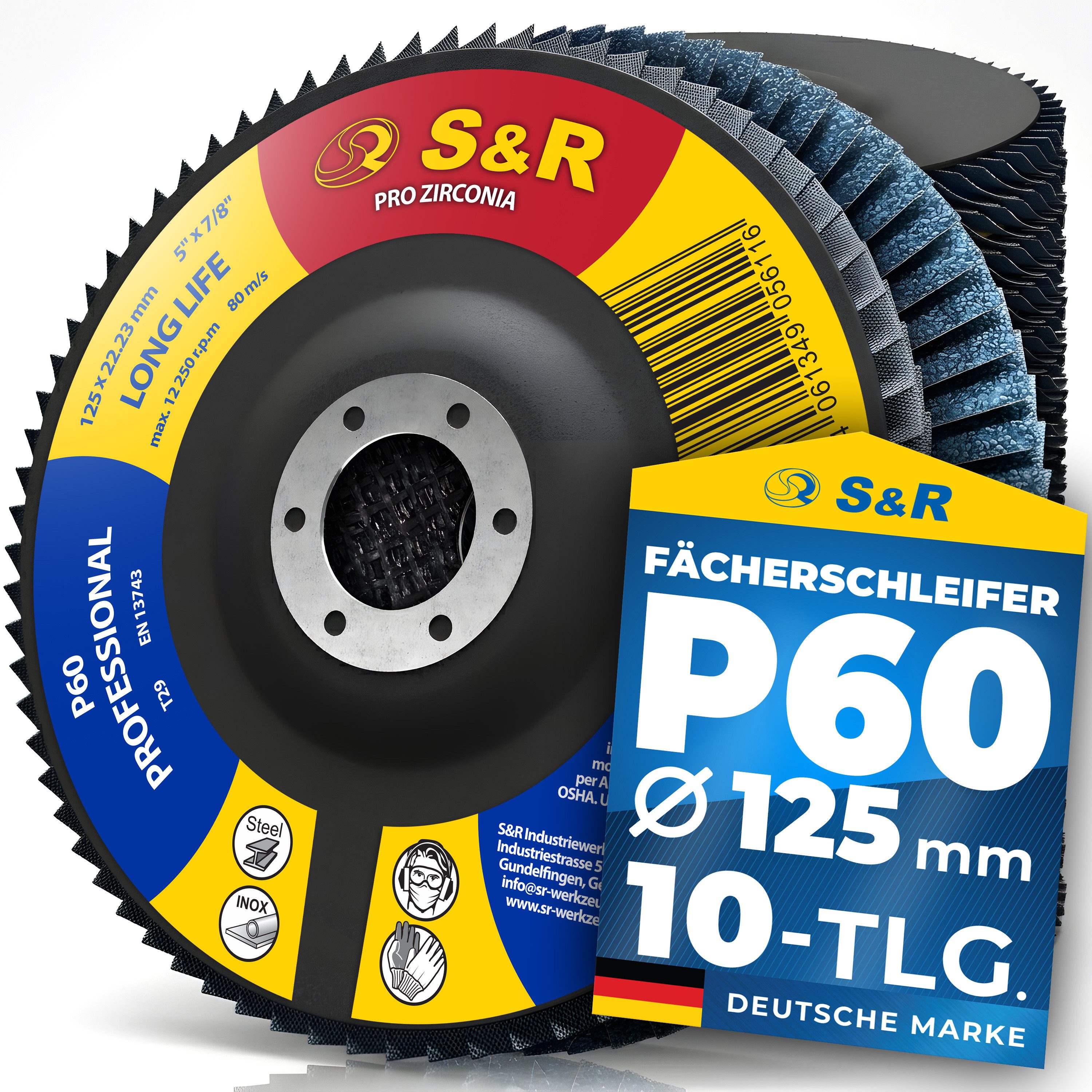 S&R Schleifscheibe Fächerschleifscheiben Set, 125 x 22,23 mm, Profi Qualität, (Set, 10 St., 10-teilig), T29, Lamellenschleifer Satz für Stahl, Edelstahl, Körnung P60