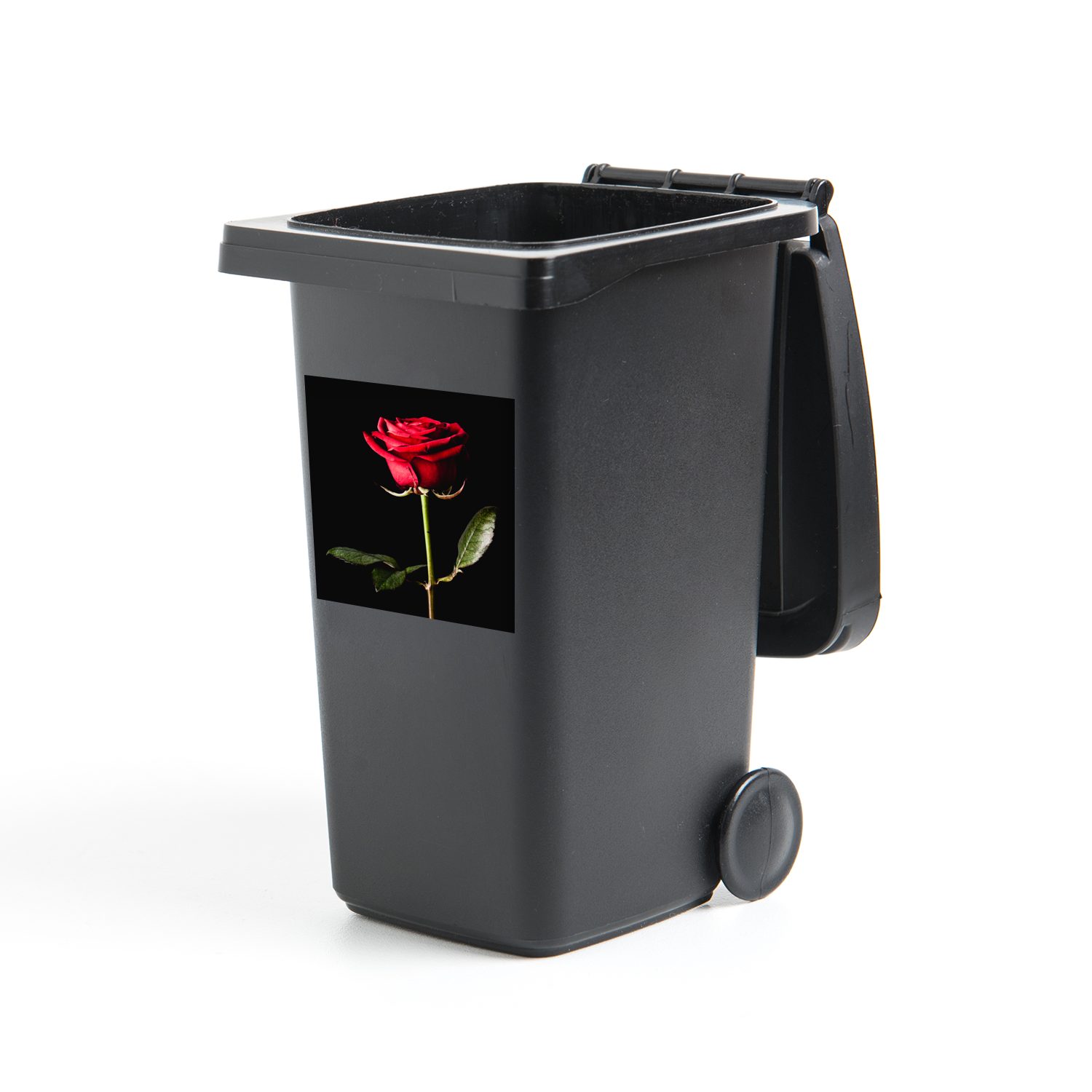 Mülleimer-aufkleber, Wandsticker MuchoWow auf Mülltonne, Hintergrund schwarzem Eine Rose rote (1 Sticker, St), Container, Abfalbehälter