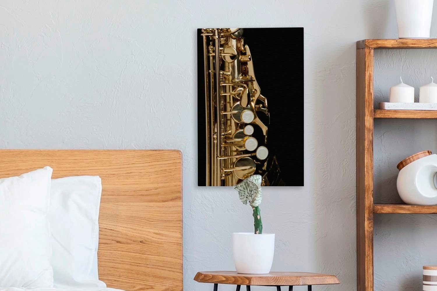 schwarzen, fertig OneMillionCanvasses® vor St), (1 Zackenaufhänger, Saxophons cm Ventile eines einem Leinwandbild Nahaufnahme Gemälde, 20x30 Leinwandbild der inkl. bespannt