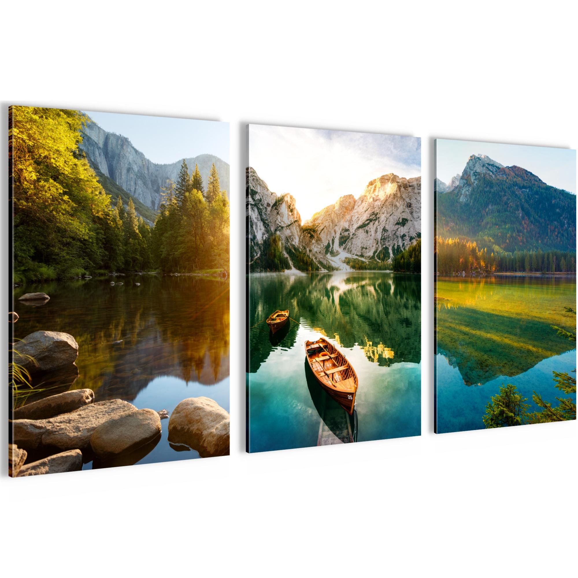 Novart Wandbild Bilder See Berge Landschaft AUFHÄNGFERTIG für Flur Deko Grün N030936b, 40 x 60 cm - 3 Bilder