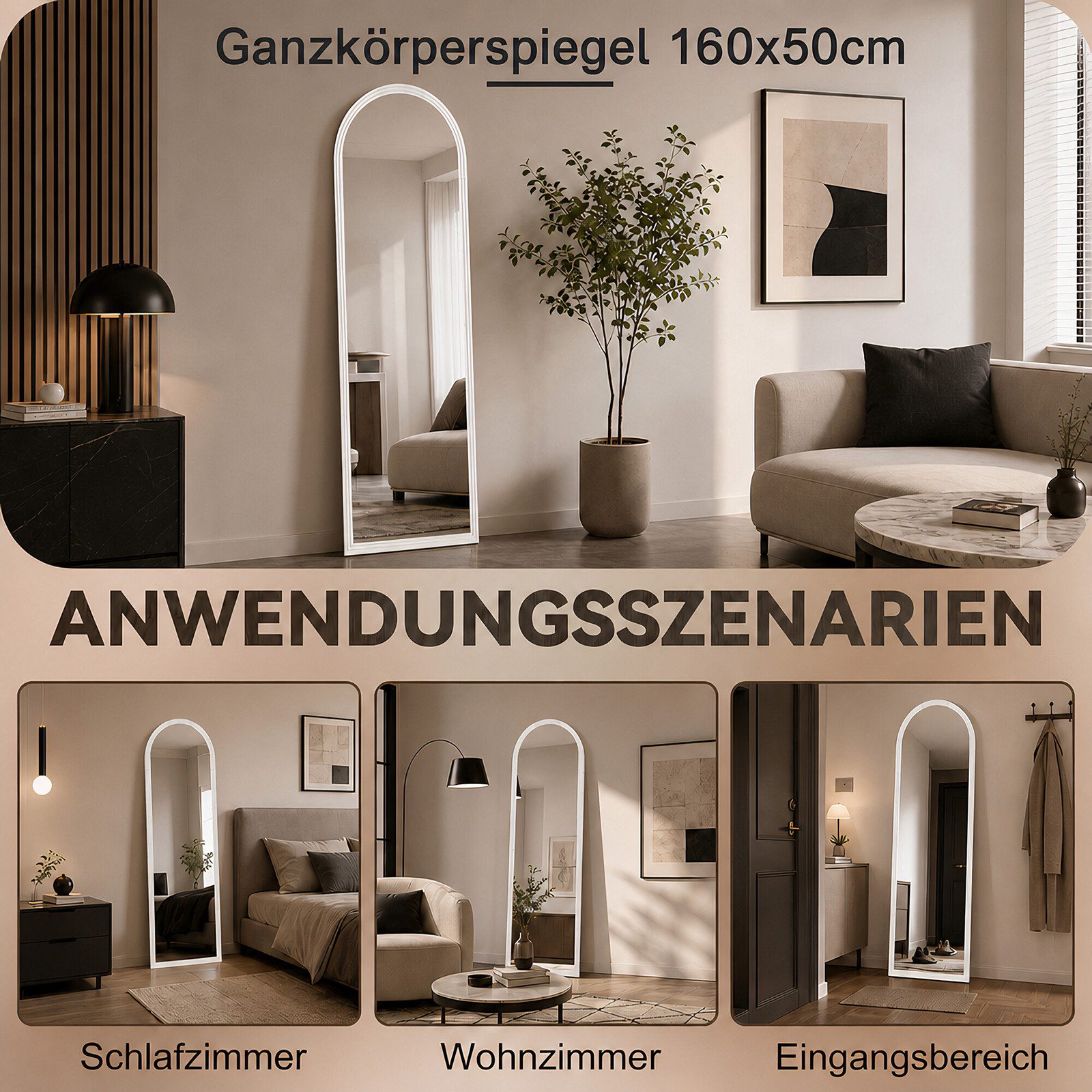 BBWL Ganzkörperspiegel 160 x 50 cm, Großer Standspiegel, mit stabilem Standfuß, Holzrahmen in Bogenform,HD Spiegelglas, stabiler Rahmen – Bild 4 von 5