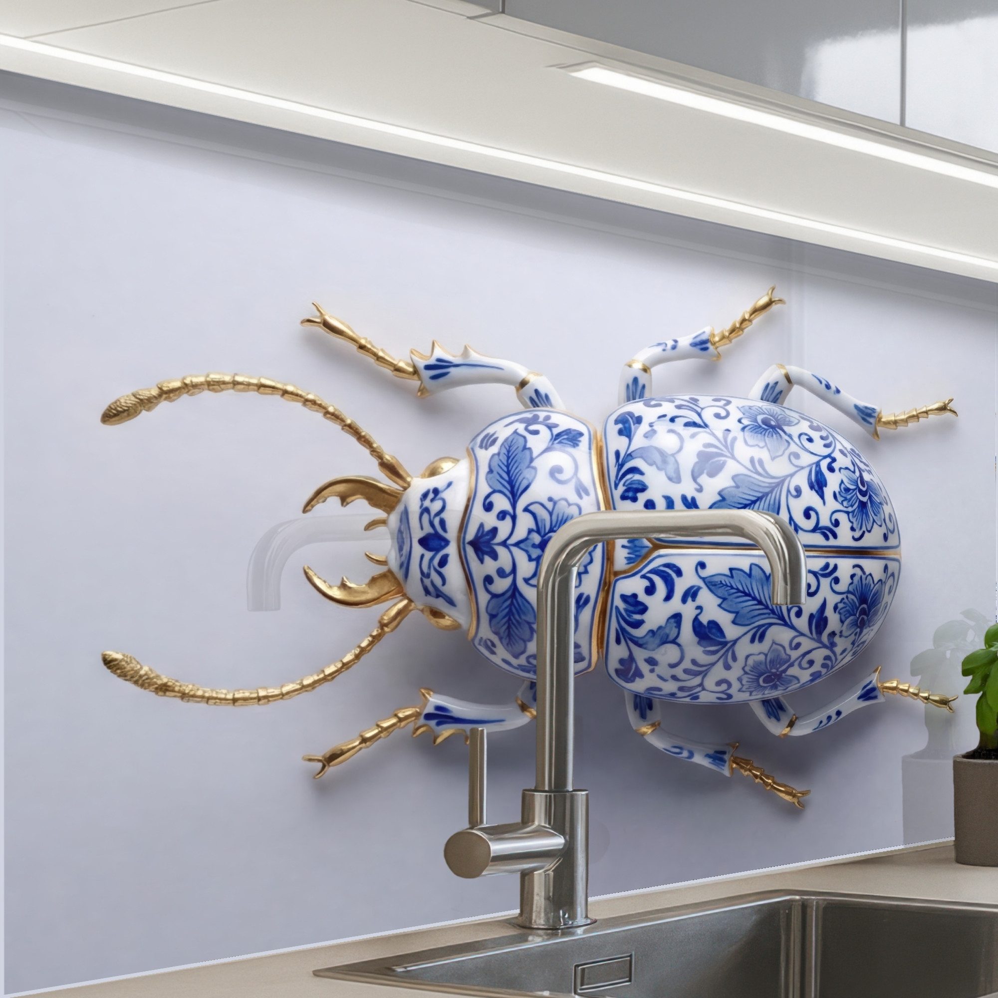 KitchenYeah Küchenrückwand Muster selbstklebend (keine Folie) Käfer - Delfts - Blau - Gold, (1-tlg), Spritzschutz, Küche, Rückwand, Küchenwand, Küchenfront, 30x20 cm