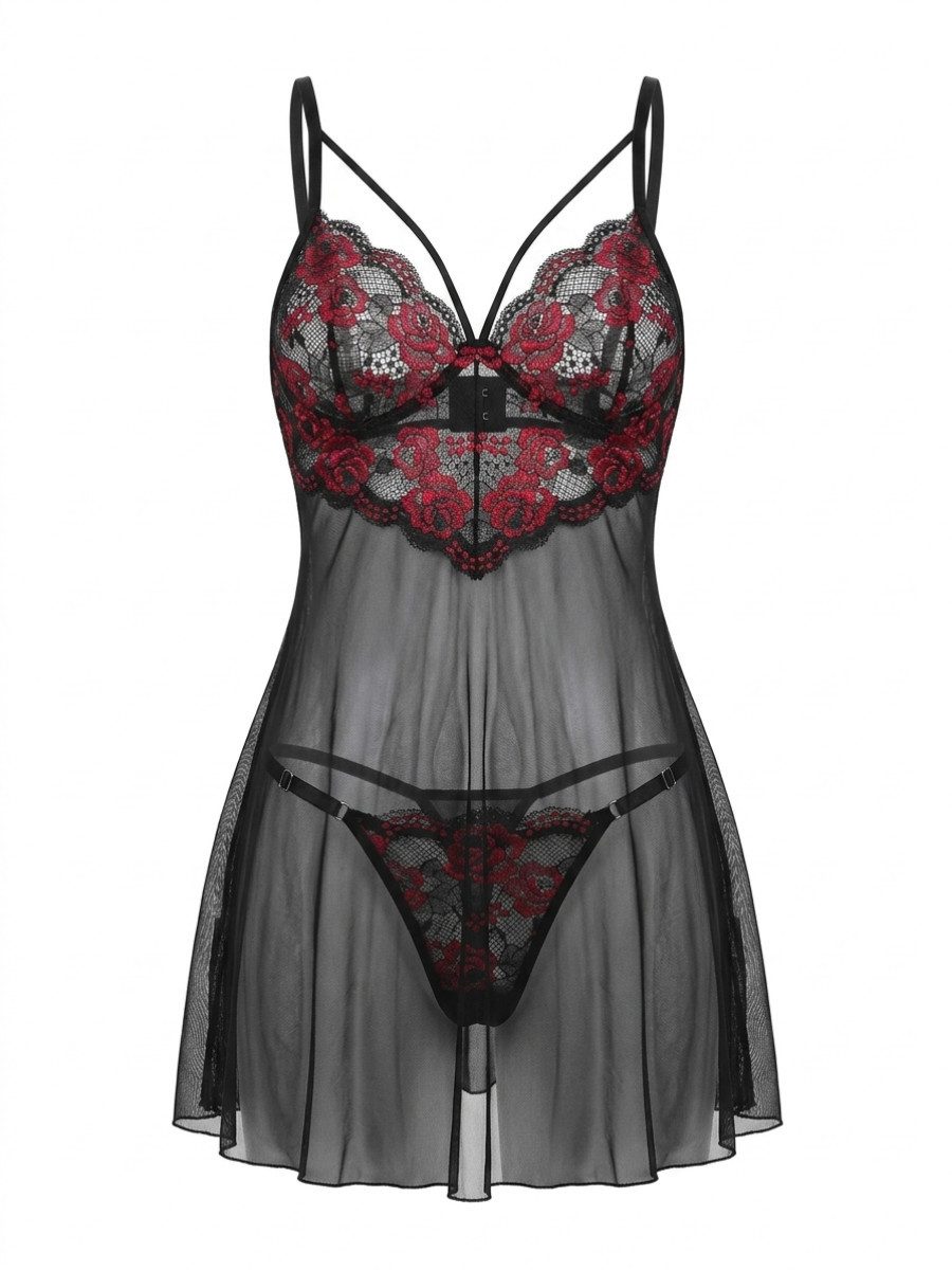 Elegant Love Negligé Spitzen-Nachtwäsche mit Rosenmuster und passendem String, Dessous-Set (Set, 2-tlg., mit Tanga) Reizwäsche für besondere Anlässe, transparentes Babydoll mit Bügelcups