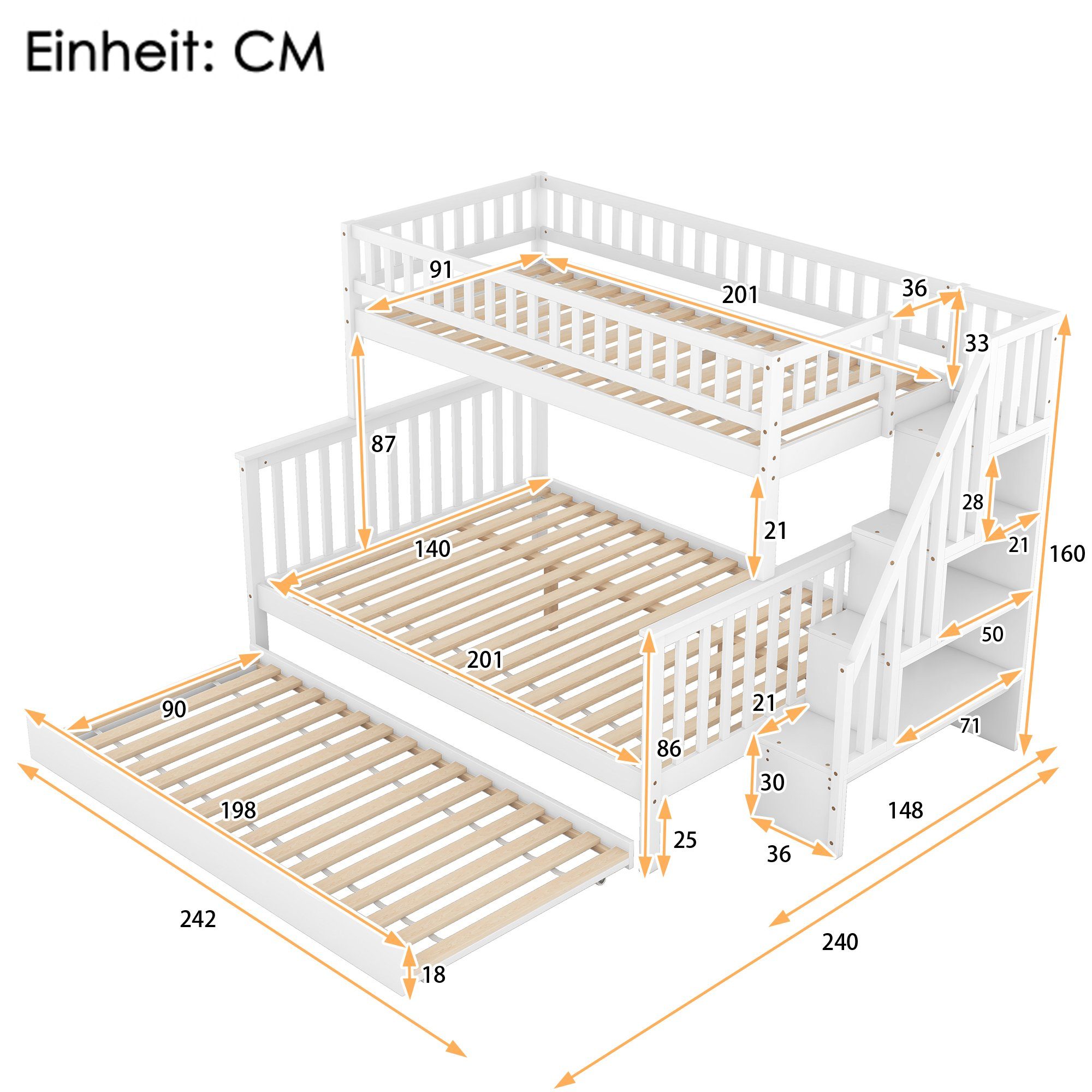 WISHDOR Etagenbett Bett über und 200 Treppe), Ohne 200 x 140 Matratze Gästebett 90 x Kinderbett Einzelbett Rollbett (mit