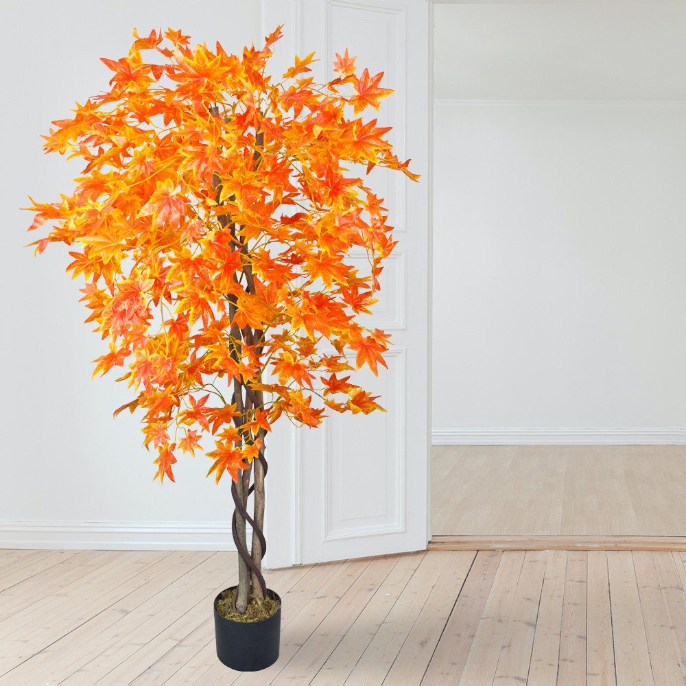 Baum Decovego, Decovego 150cm Pflanze Rote Blätter Kunstpflanze Ahorn Echtholz Künstliche Kunstbaum