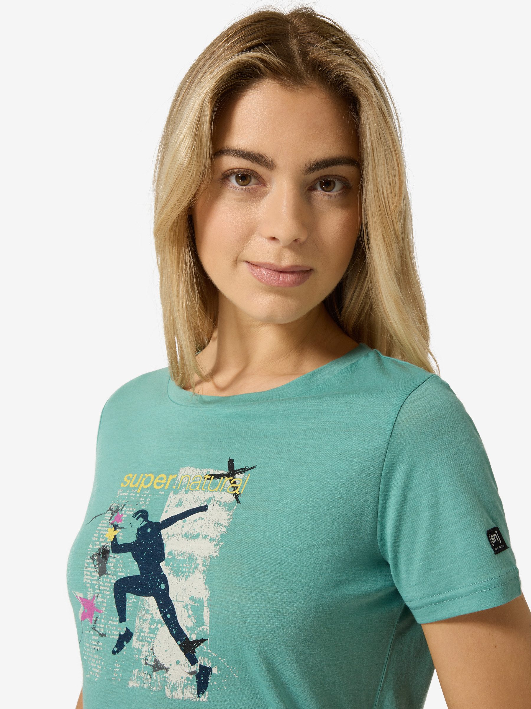 SUPER.NATURAL T-Shirt für Damen,Merino W RUNNING ART TEE mit Sport-Motiv, atmungsaktiv