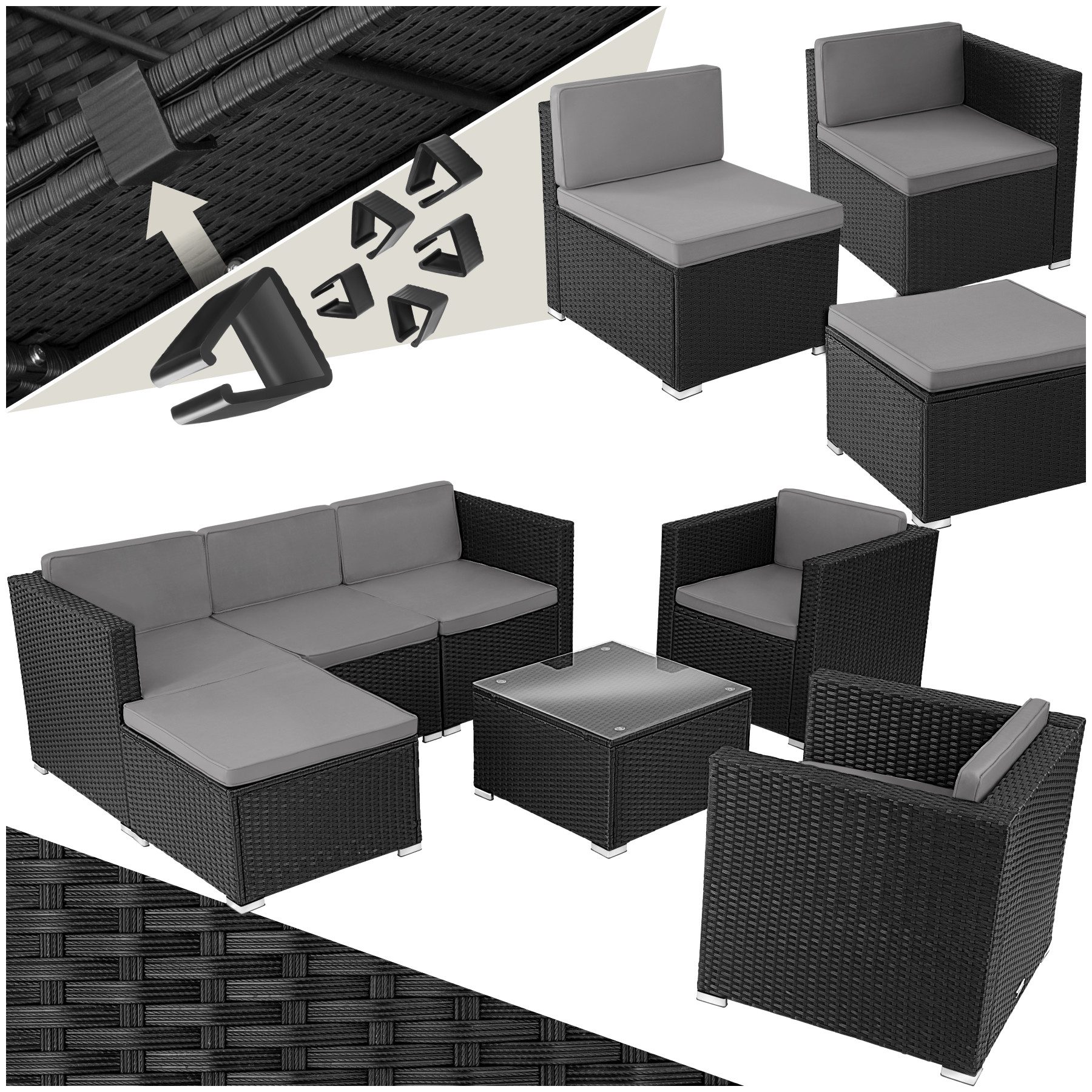 tectake Loungeset Rattan Sitzgruppe mit Sicherheitsglasplatte, für 5 bis 6 Personen, (Gartenlounge-set Lignano, 7-tlg., geeignet für Outdoor in Schwarz), widerstandsfähig und UV-beständig, variabel aufstellbar