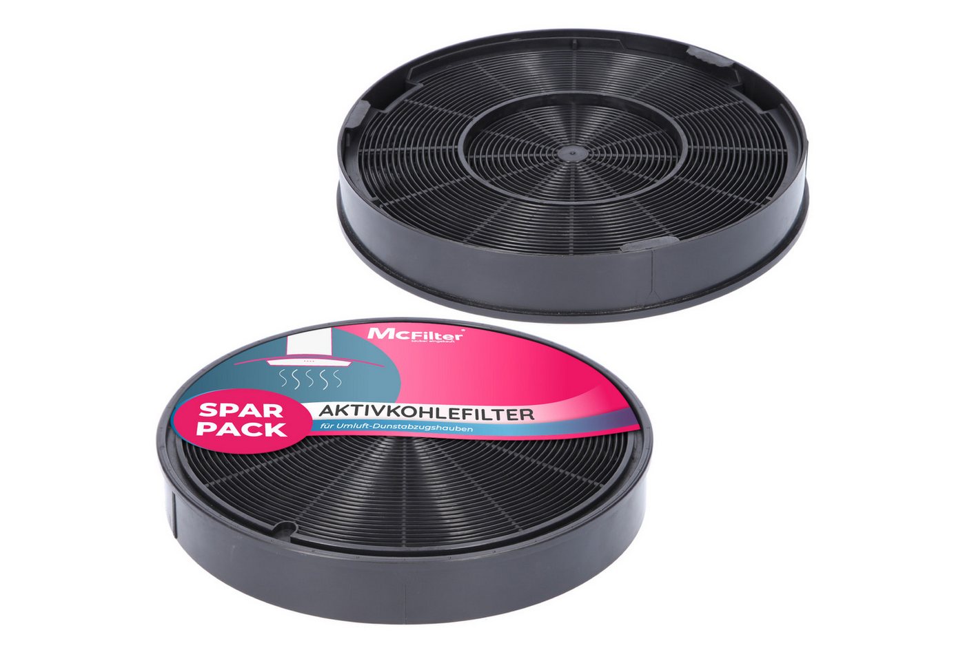 McFilter Aktivkohlefilter (2 Stück) Alternativ zu AEG/Electrolux EFF62, Zubehör für Bosch/Siemens 00748732, Miele 6532971, Franke 112.0016.755, rund, Ø 196 mm, Dreh-Steckverbindung, für Umluftbetrieb