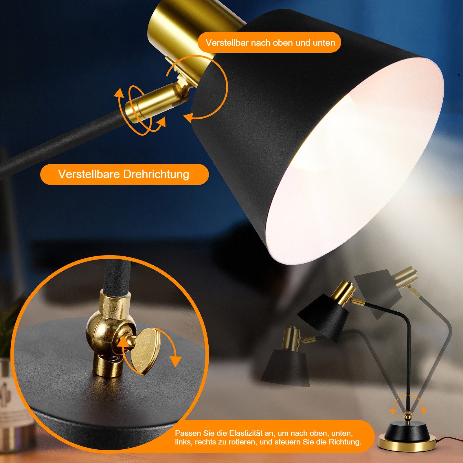 BlingBin Schreibtischlampe Retro Tischleuchte Schwarz Tischlampe aus Metall, Leselampe, mit Europäischer Standardstecker, ohne Leuchtmittel, Nachttischlampe Arbeitsleuchte mit Stecker & Kabel Schalter für Büro
