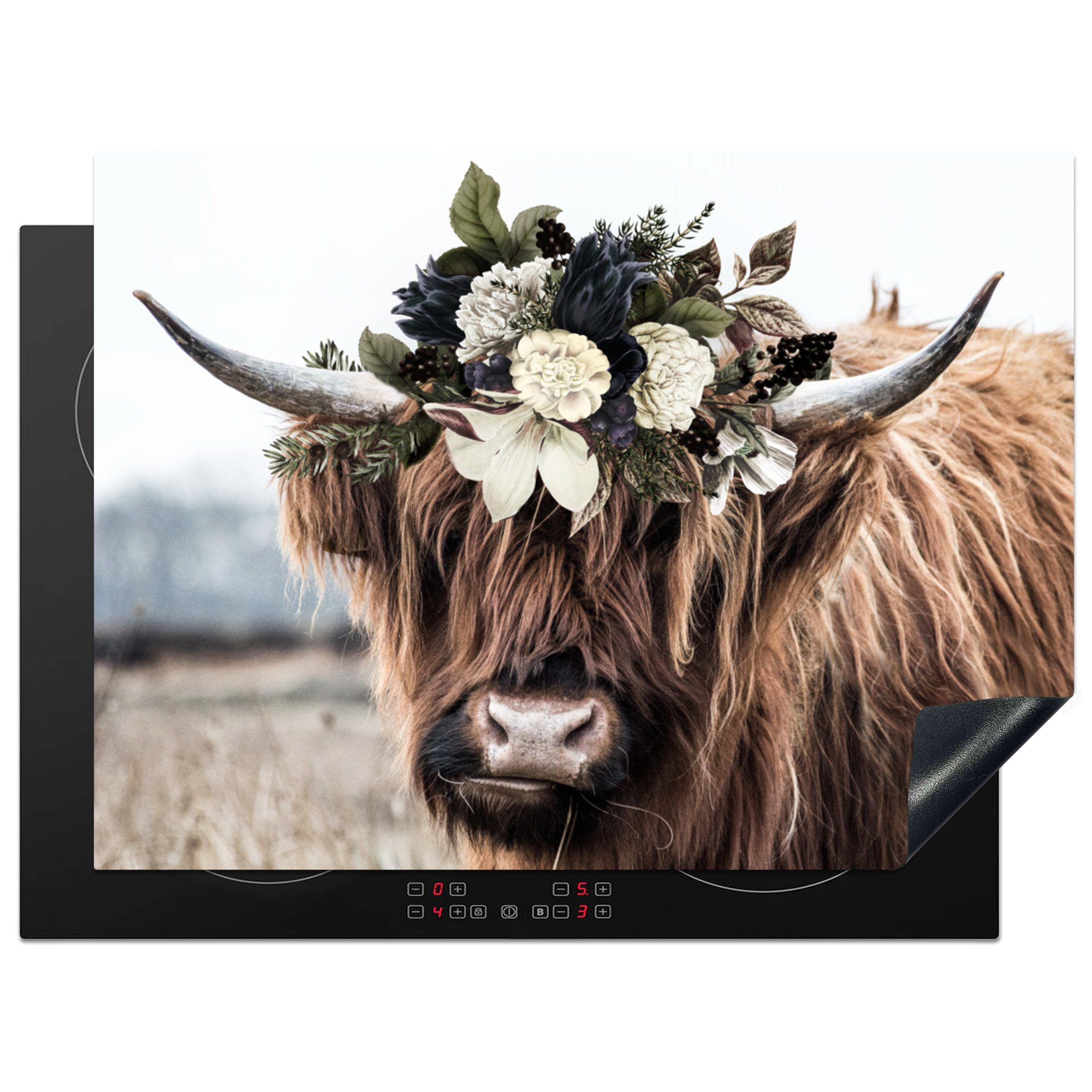 MuchoWow Herdblende-/Abdeckplatte Schottische Highlander - Blumen - Hoorn, Vinyl, (1 tlg), 71x52 cm, Induktionskochfeld Schutz für die küche, Ceranfeldabdeckung