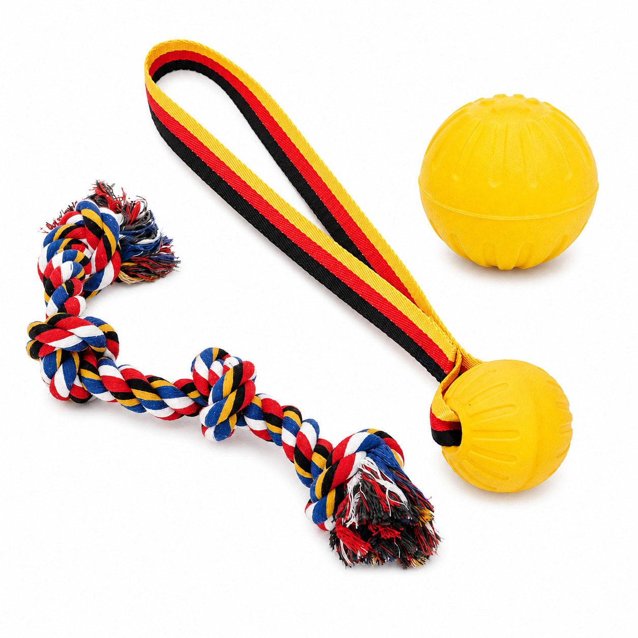 SNOEKIE Kauball SNOEKIE Hundespielzeug Set 3-teilig Baumwollseil 60cm EVA-Ball Ø 9 cm, (3-tlg)