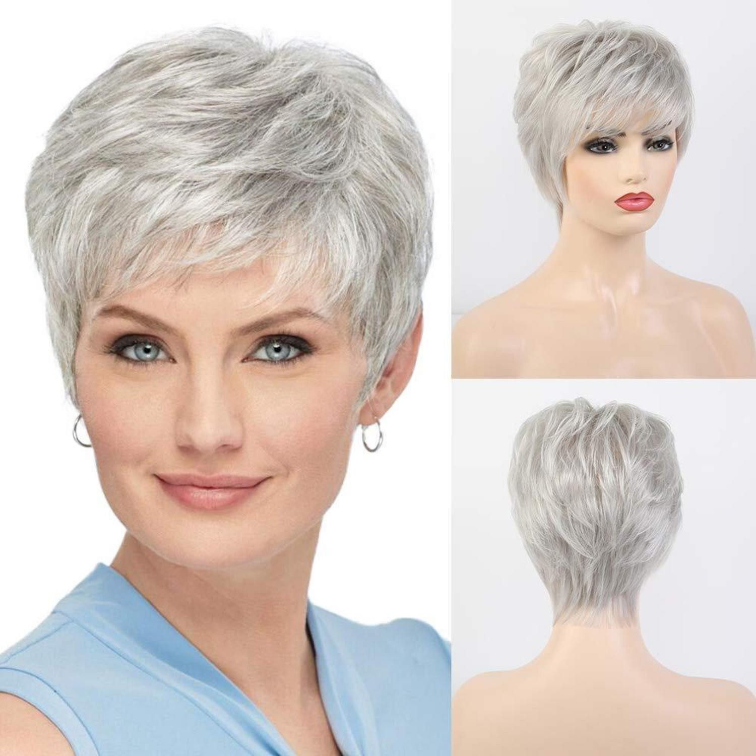 LuxusKollektion Echthaarperücke Perücke Pixie Schnitt menschliches Haar Damen Kurzhaar Pony Silberweiß