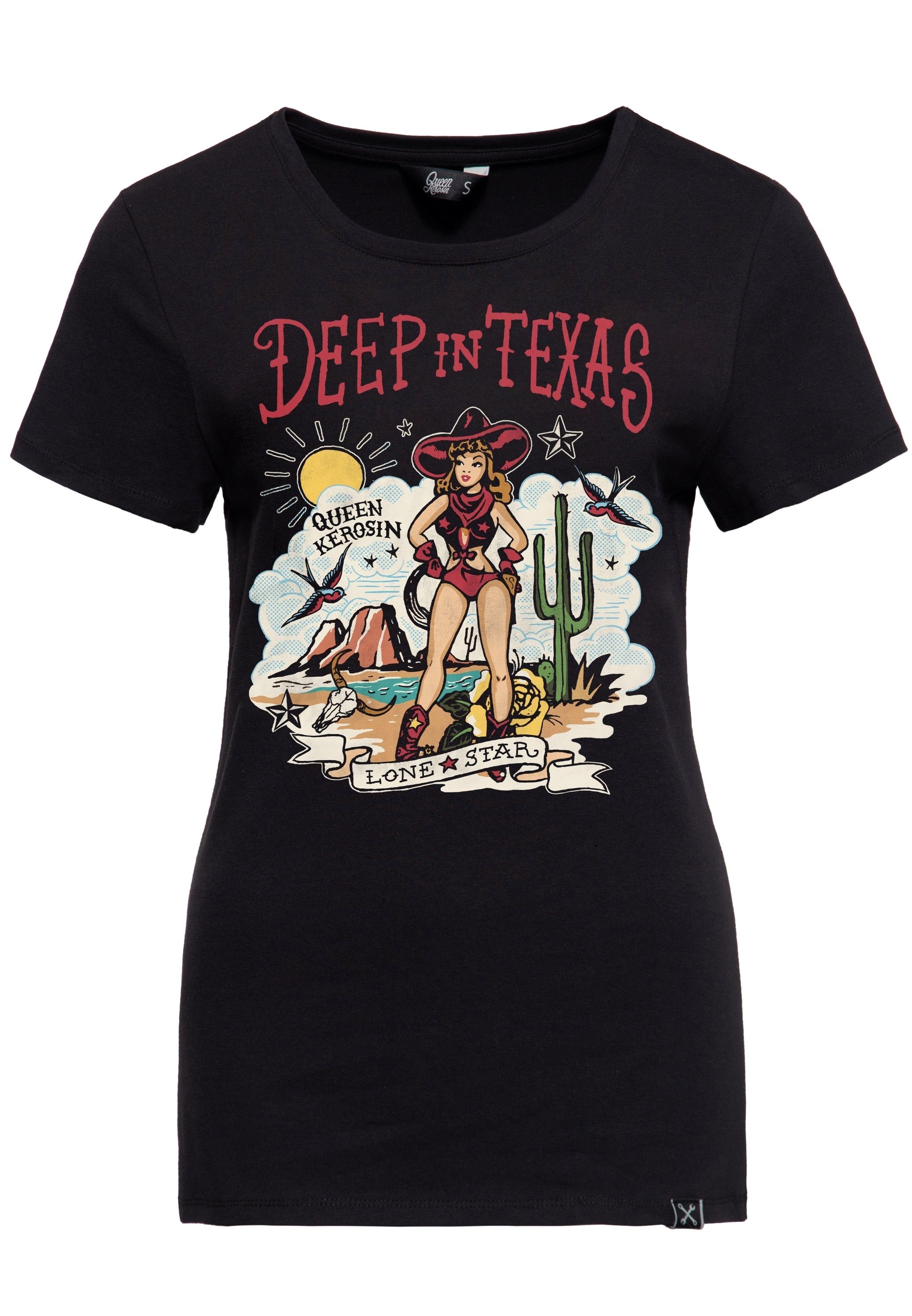 QueenKerosin Print-Shirt Deep in Texas (1-tlg) Retro schwarz mit Front Print
