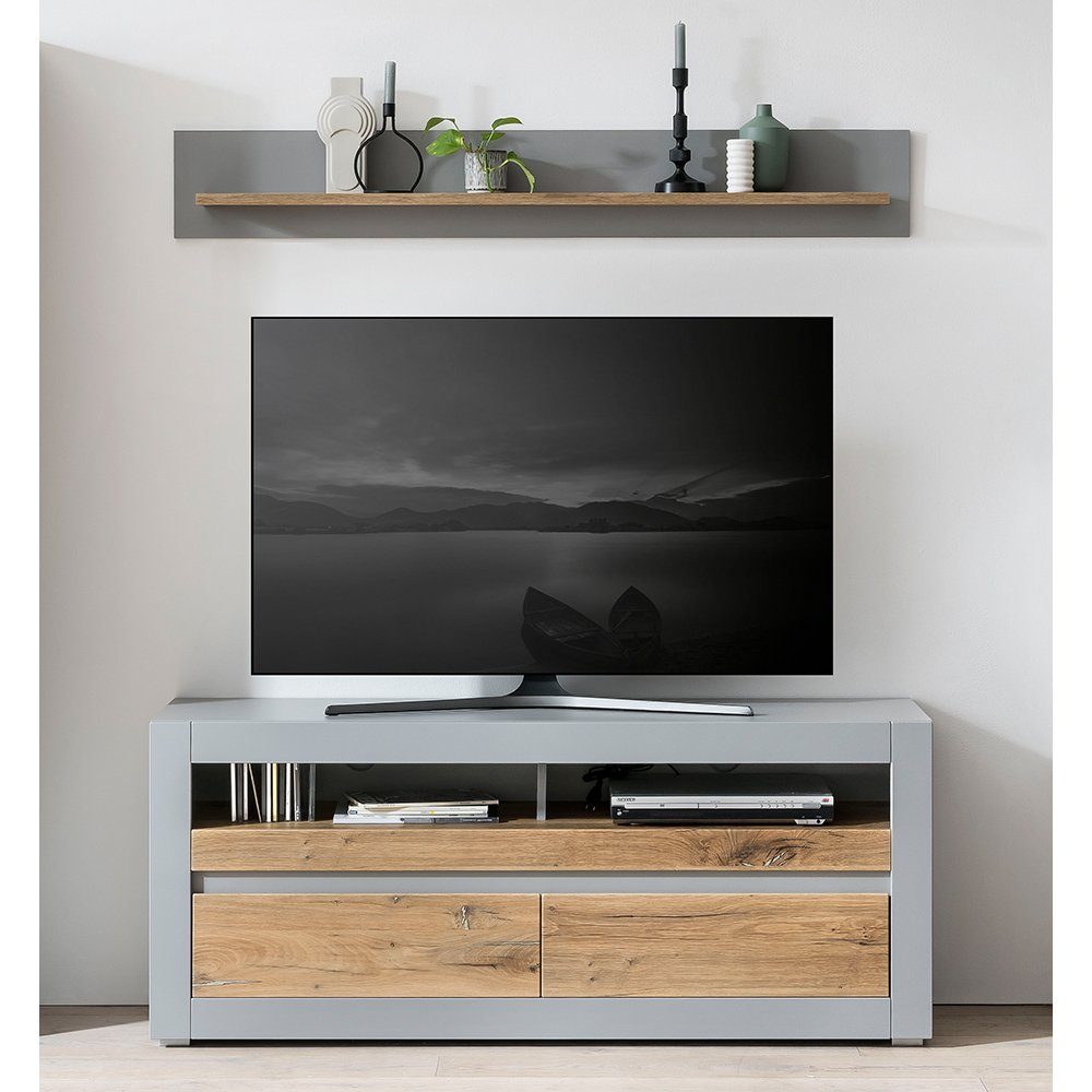 Lomadox TV-Wand CASERTA-61, (2-tlg), Modernes Set in grau matt mit Zinn Eiche hell Nb., B/H/T 150/180/42 cm