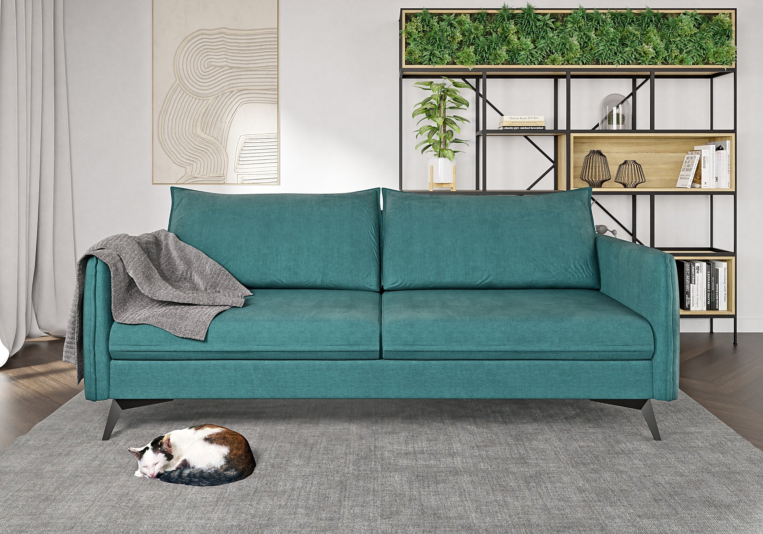 mit Möbel Wellenfederung Türkis Sofa Metall Füßen, Modernes Azalea 3-Sitzer Schwarz mit S-Style