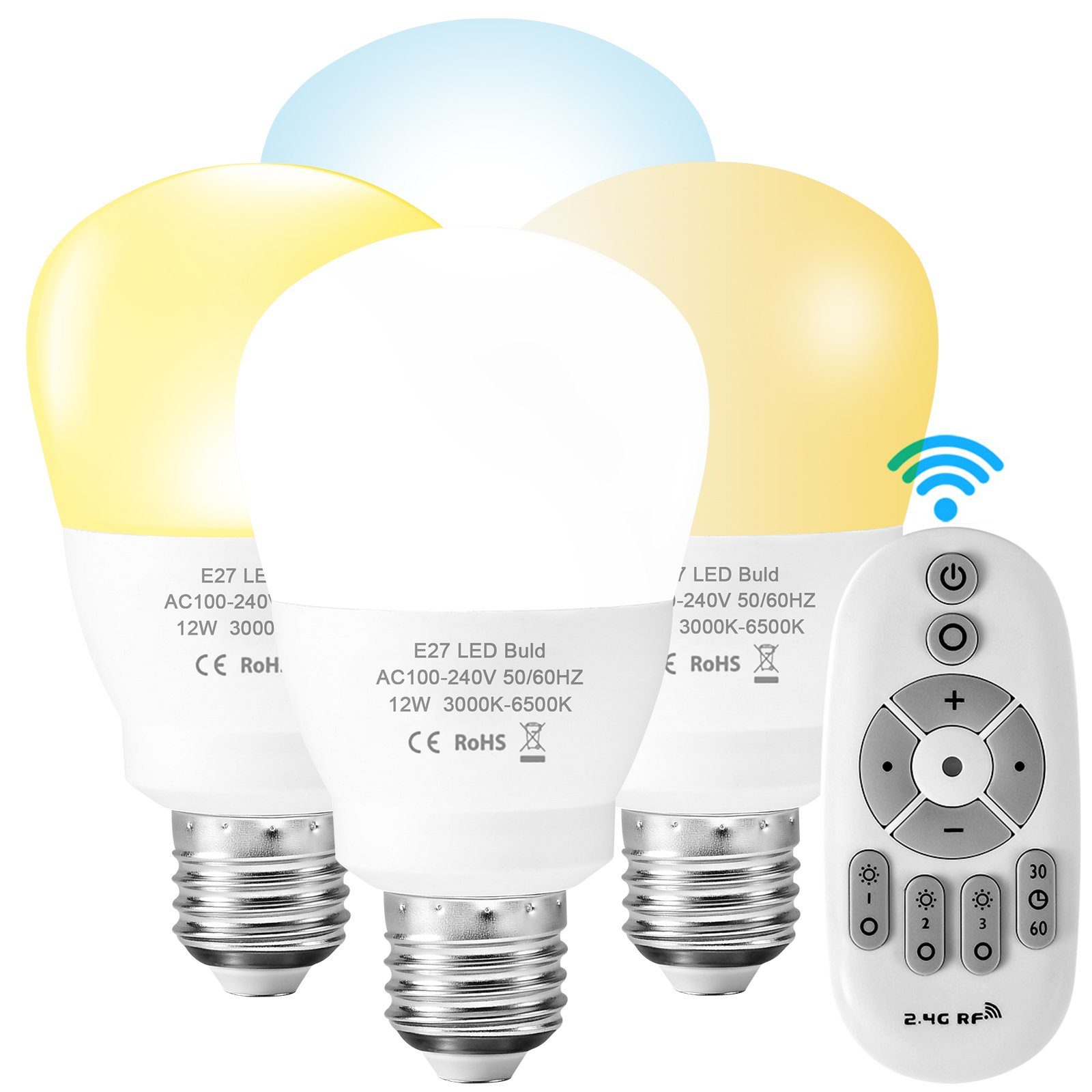 Rosnek LED-Leuchtmittel E27, 12W, 900lm, dimmbar, für Schlafzimmer  Wohnzimmer, E27, 1 St., Kaltweiß + Warmweiß, 2.4G RF-Fernbedienung, Timer
