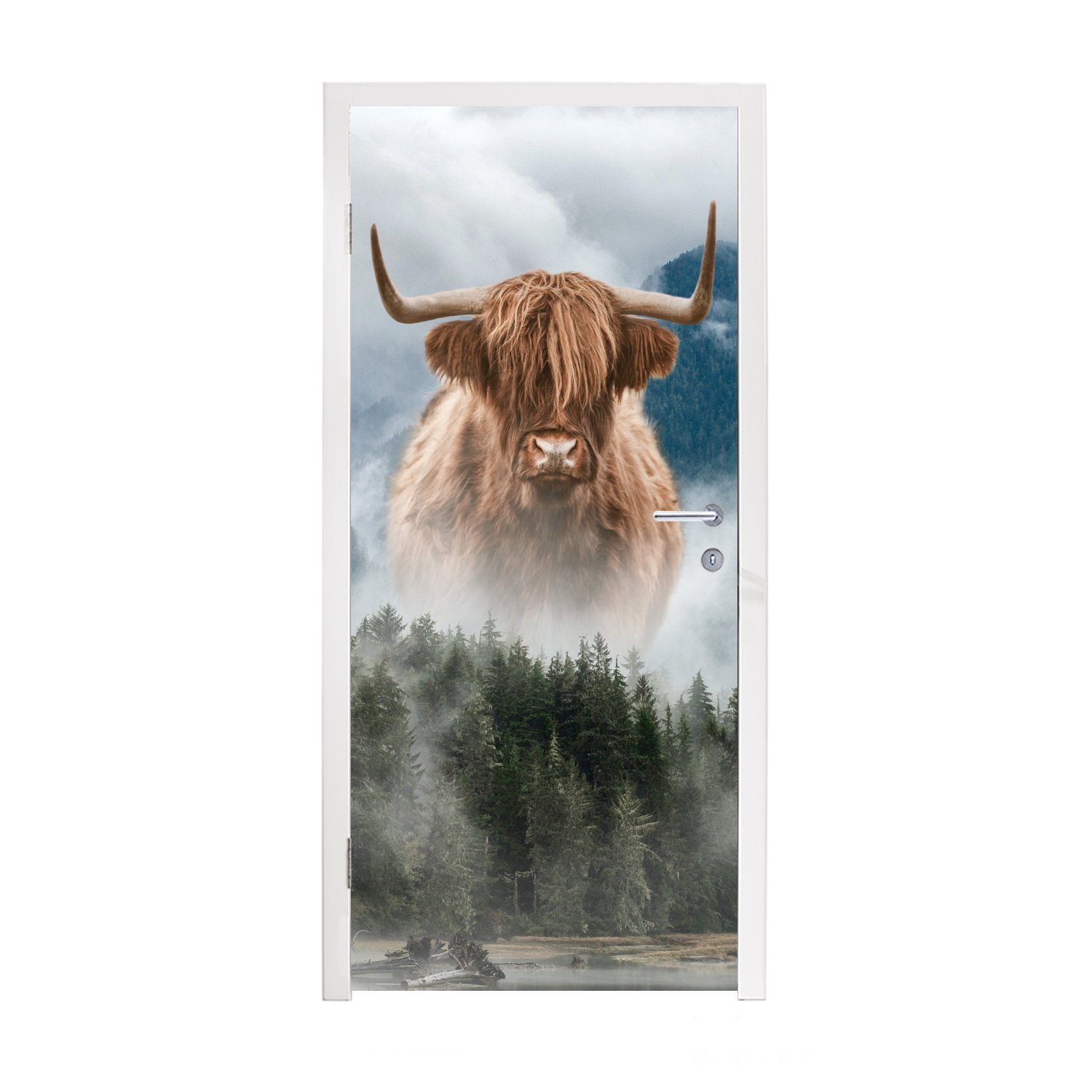 Matt, St), für - 75x205 (1 Türtapete Kühe MuchoWow Tür, Schottische - Fototapete Nebel, cm Highlander bedruckt, Türaufkleber,
