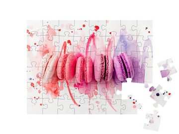 puzzleYOU Puzzle Macarons mit passendem Aquarell-Hintergrund, 48 Puzzleteile, puzzleYOU-Kollektionen Kuchen, Essen und Trinken