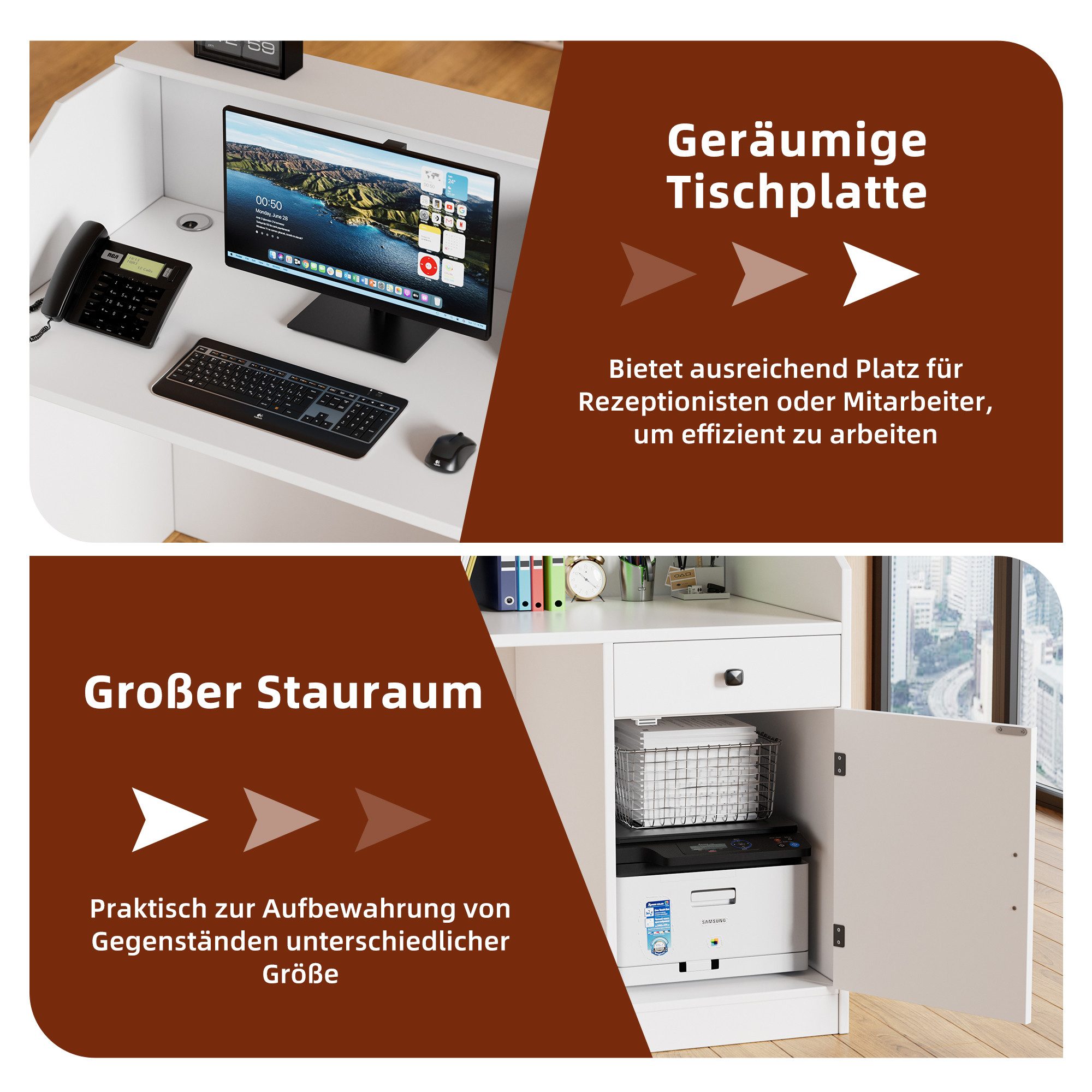 TWSOUL Empfangstheke mit LED-Beleuchtung,Rezeptionstresen mit Schublade & Stauraum, Holz-Theke mit Ladestation, modern, 140 × 60 × 110 cm