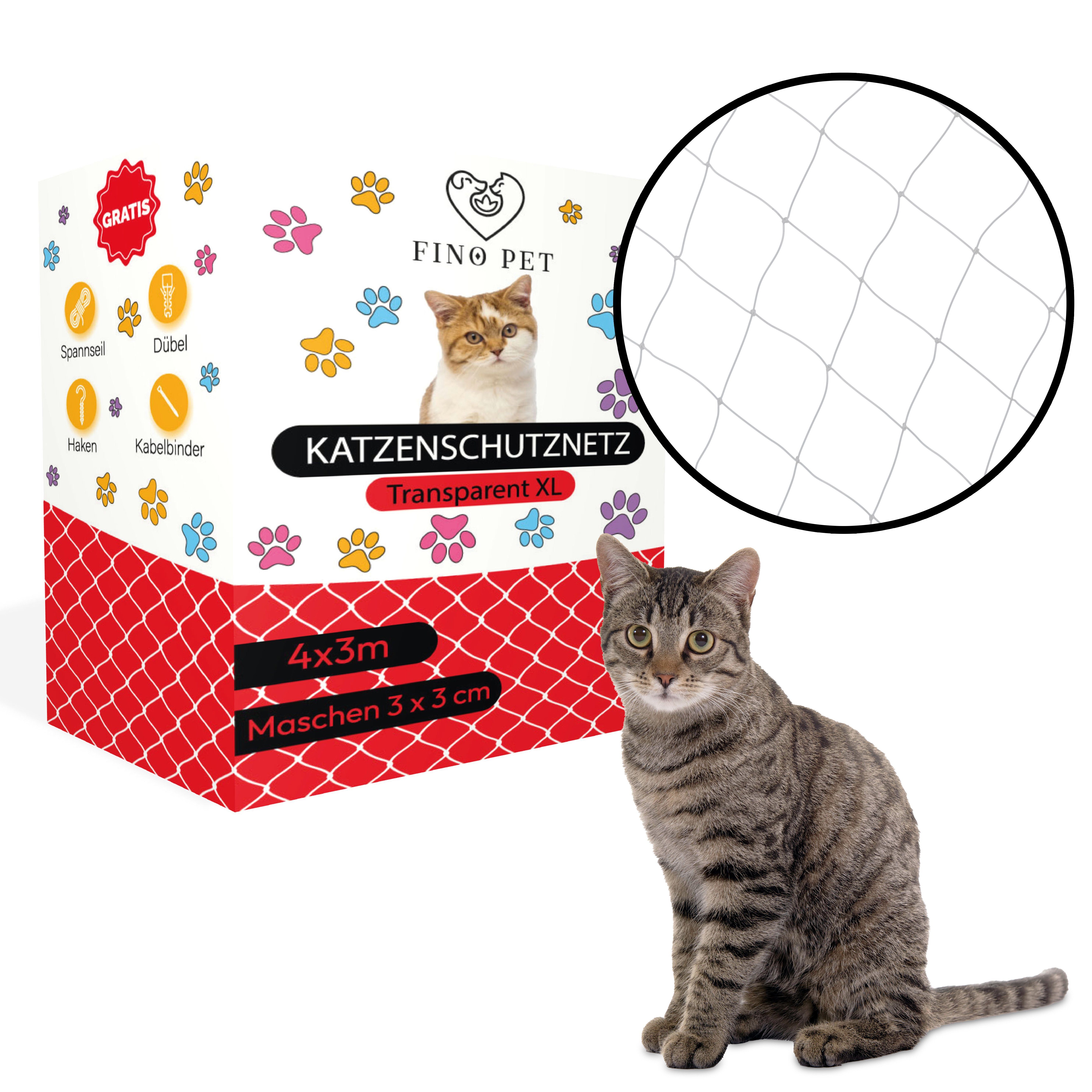 FinoPet Schutznetz Katzennetz für Balkon transparent inkl. Befestigungsmaterial, BxL: 4x3 m, (Größe 4 x 3 Meter), Balkon, Katzennetz, Katzenschutz, Balkon, ohne Bohren