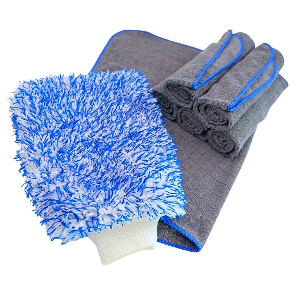 BEAZZ Autowaschbürste PROFI Autowasch Set Autopflege Set Waschhandschuh & 6 Mikrofasertücher, 7-tlg. Set, 380 GSM, kratzfrei & extrem saugstark