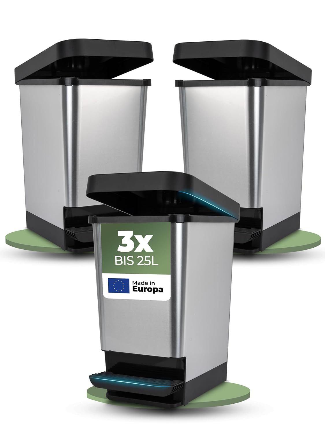 Novaliv Mülleimer 31166-3x, Novaliv 3x Mülleimer mit Deckel - 25L Tretmülleimer - Stabiler Abfalle