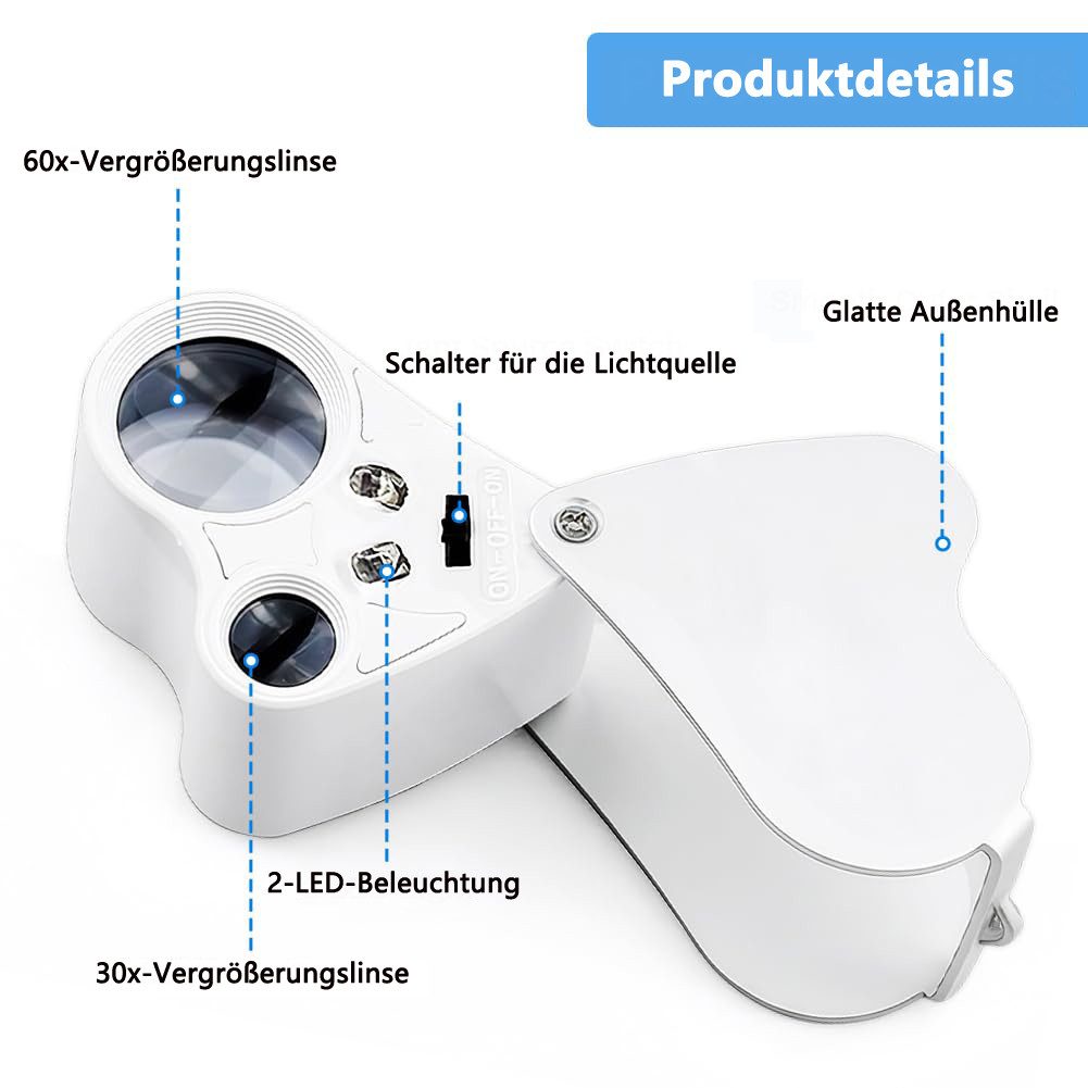 nsihing Lupenbrille Juwelier Lupe, 30X and 60X Vergrößerung, Metall Faltlupe mit LED, für Diamanten, Edelsteine, Schmuck, Briefmarken, Münzen – Bild 3 von 5