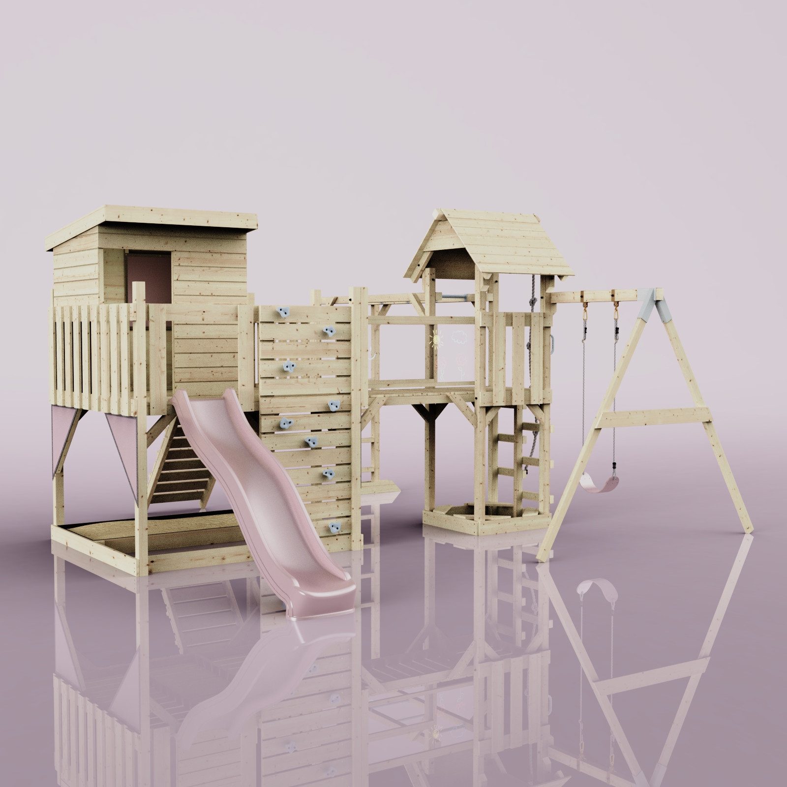 OutdoorToys Spielturm Lene, aus Holz in Altrosa mit Kinderschaukel & Rutsche