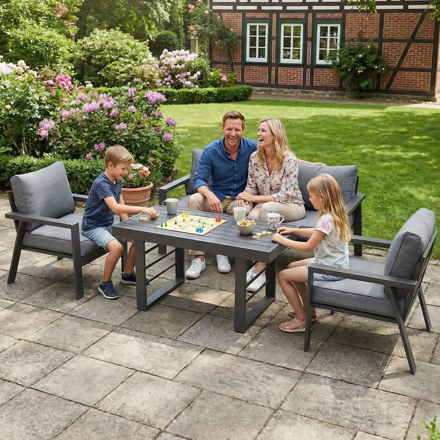 MeXo Gartenlounge-Set Gartenmöbel Set Aluminium, (Garten Essgruppe für 5 Personen, 4-tlg., 1×3-Sitzer Sofa, 2×Einzelsessel, 1×Esstisch, 8×Auflagen), Dining Loungeset Outdoor, pflegeleichte Polywood-Tischplatte