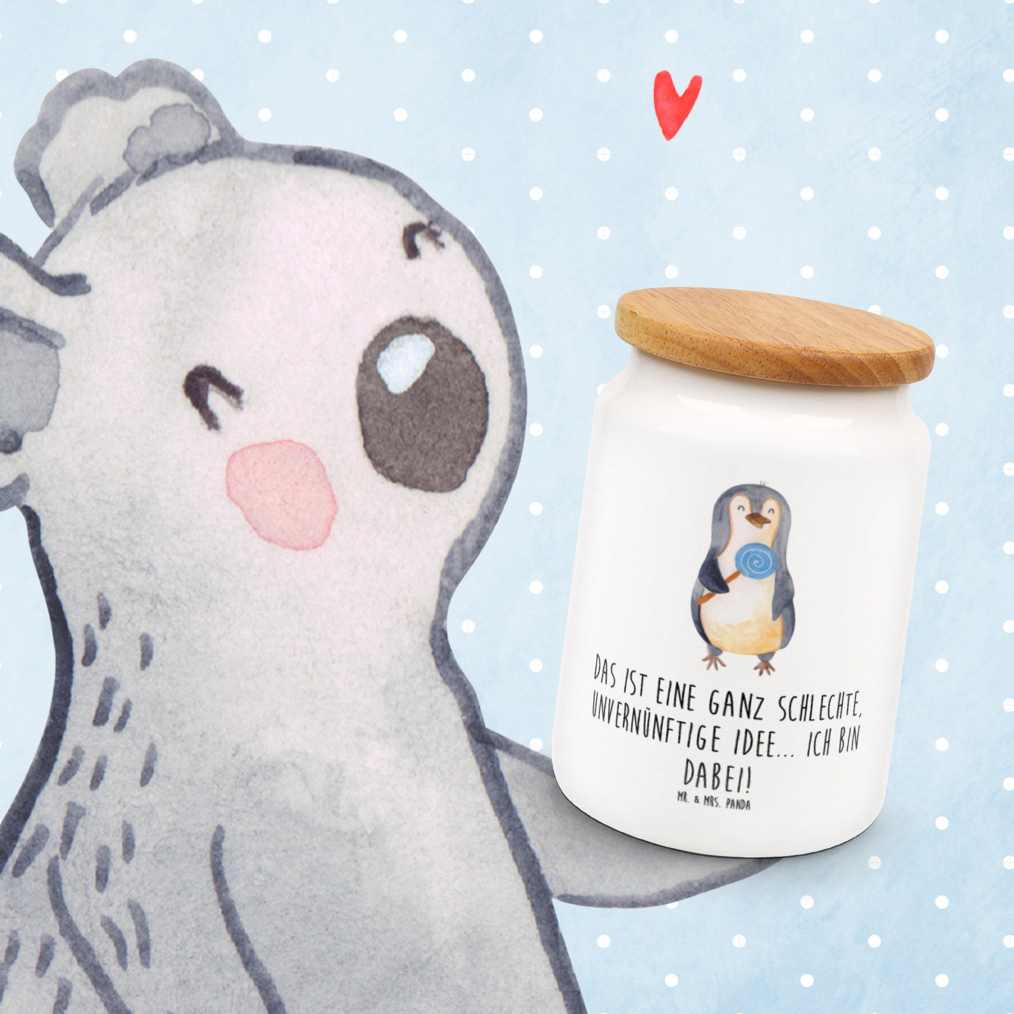 Mrs. Panda & Geschenk, Mr. Lolli Weiß Pinguin Vorratsdose Vorratsbehälter, - Keramik, - Keramikdose, (1-tlg) Süßigk,