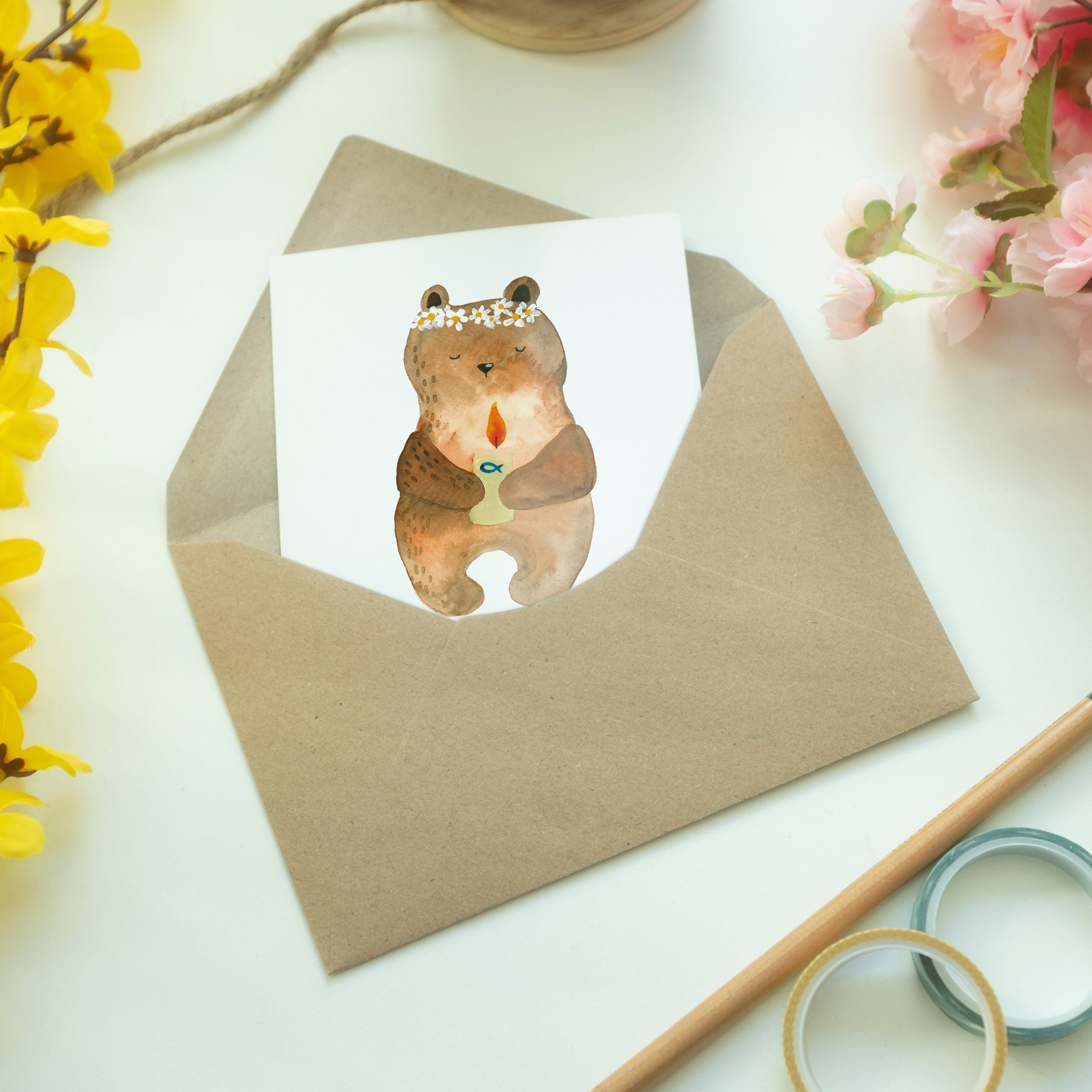 Kommunion-Bär & Panda Grußkarte Mr. - Teddybär Mrs. Weiß Hochzeitskarte, - Taufkerze, Geschenk,