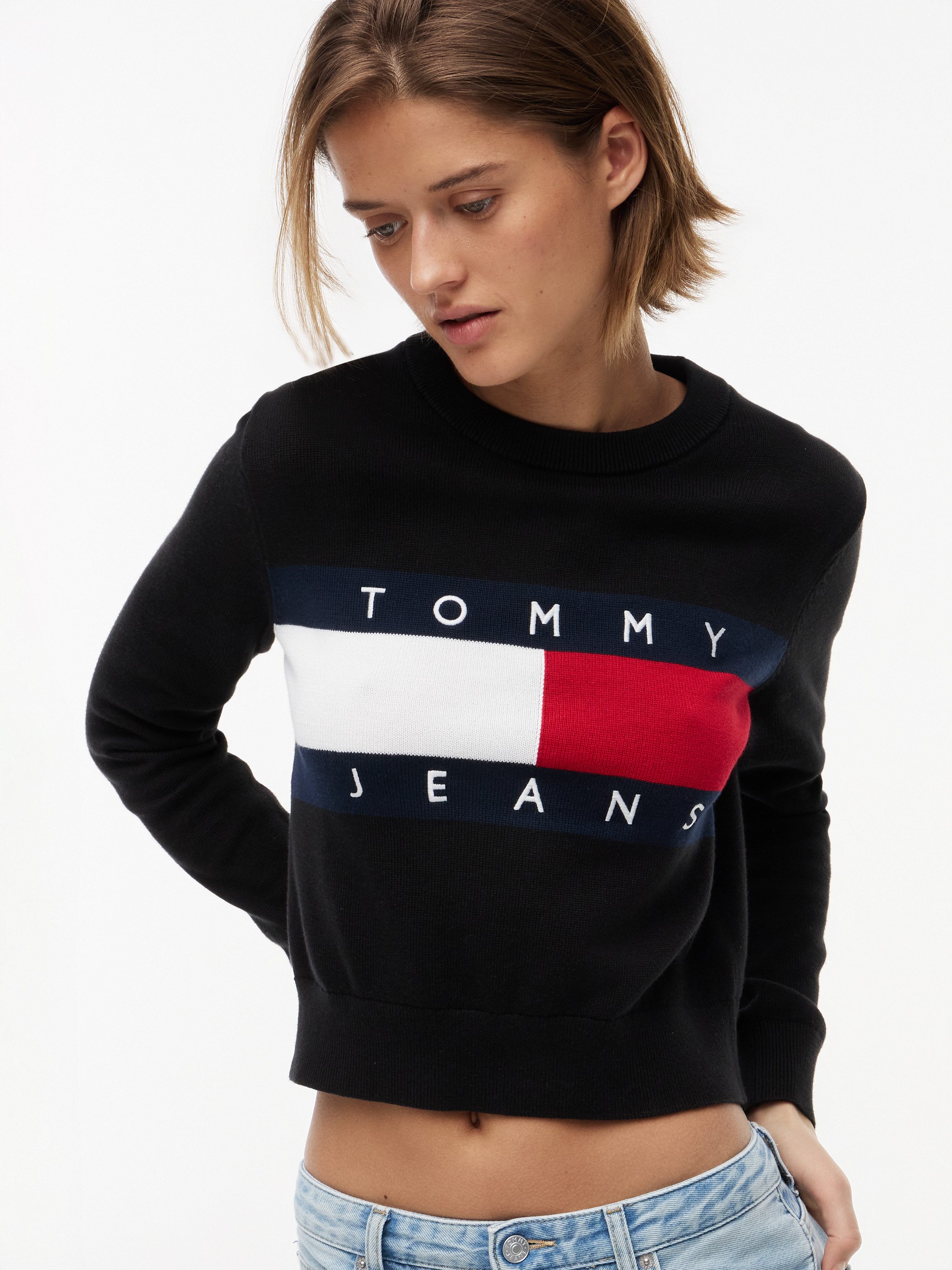 Tommy Jeans Rundhalspullover TJW FLAG CREW NECK SWEATER EXT Baumwolle, Flag Strickmuster