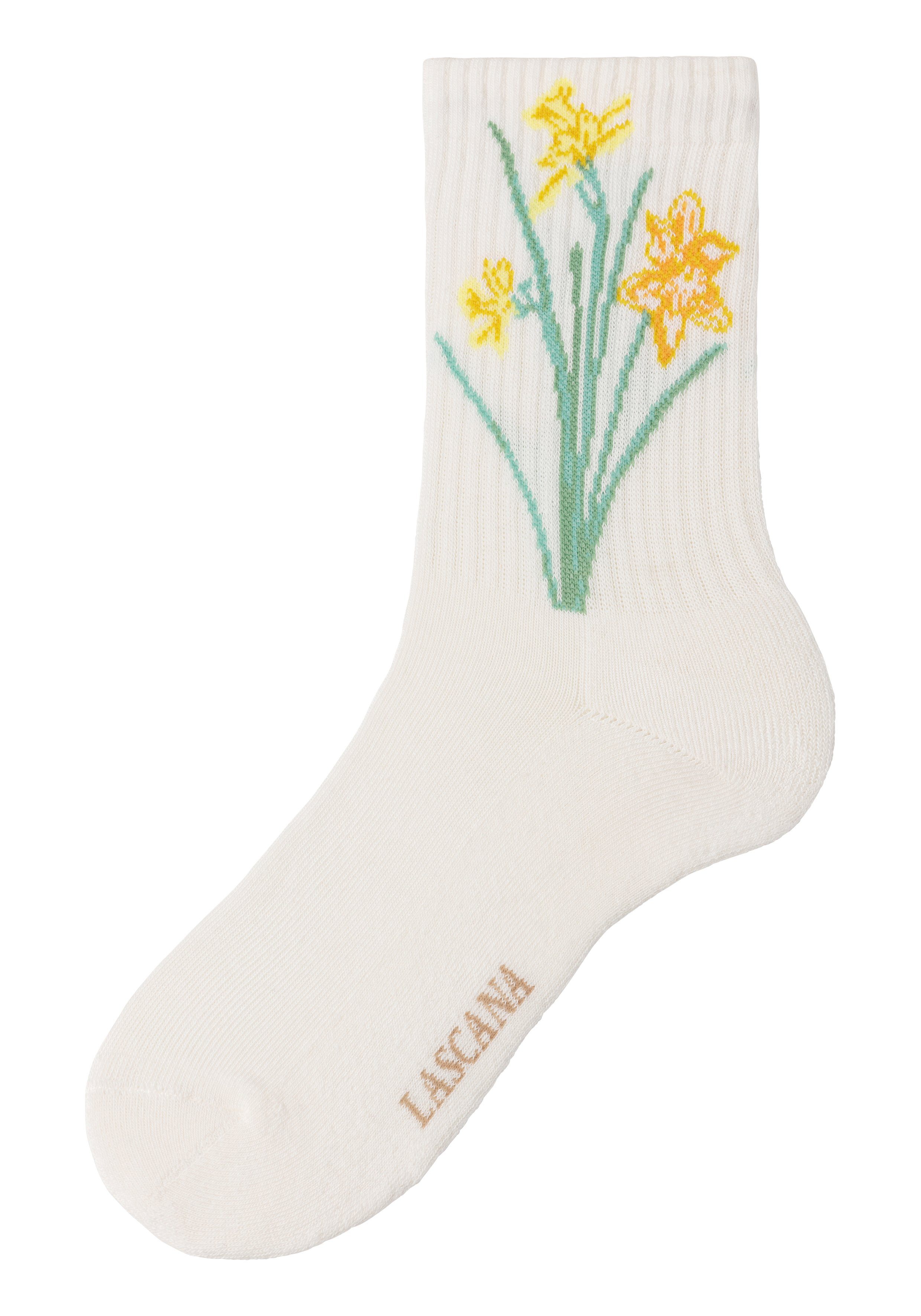 4-Paar) mit LASCANA eingestrickten Blumen 4x Motiven Basicsocken (Packung, ecru