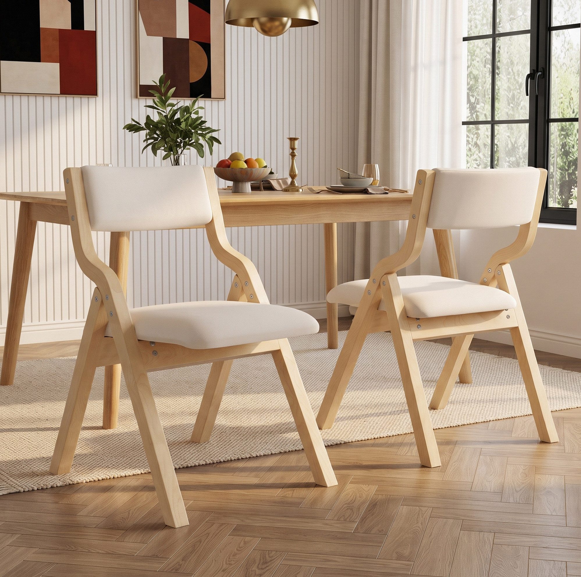 MODFU Esszimmerstuhl 2 moderne Klappstühle im zeitlosen Beige (Massivholz, Leinen, 49x55x81 cm, weich gepolstert, 2 St), platzsparend, langlebig, einfache Handhabung