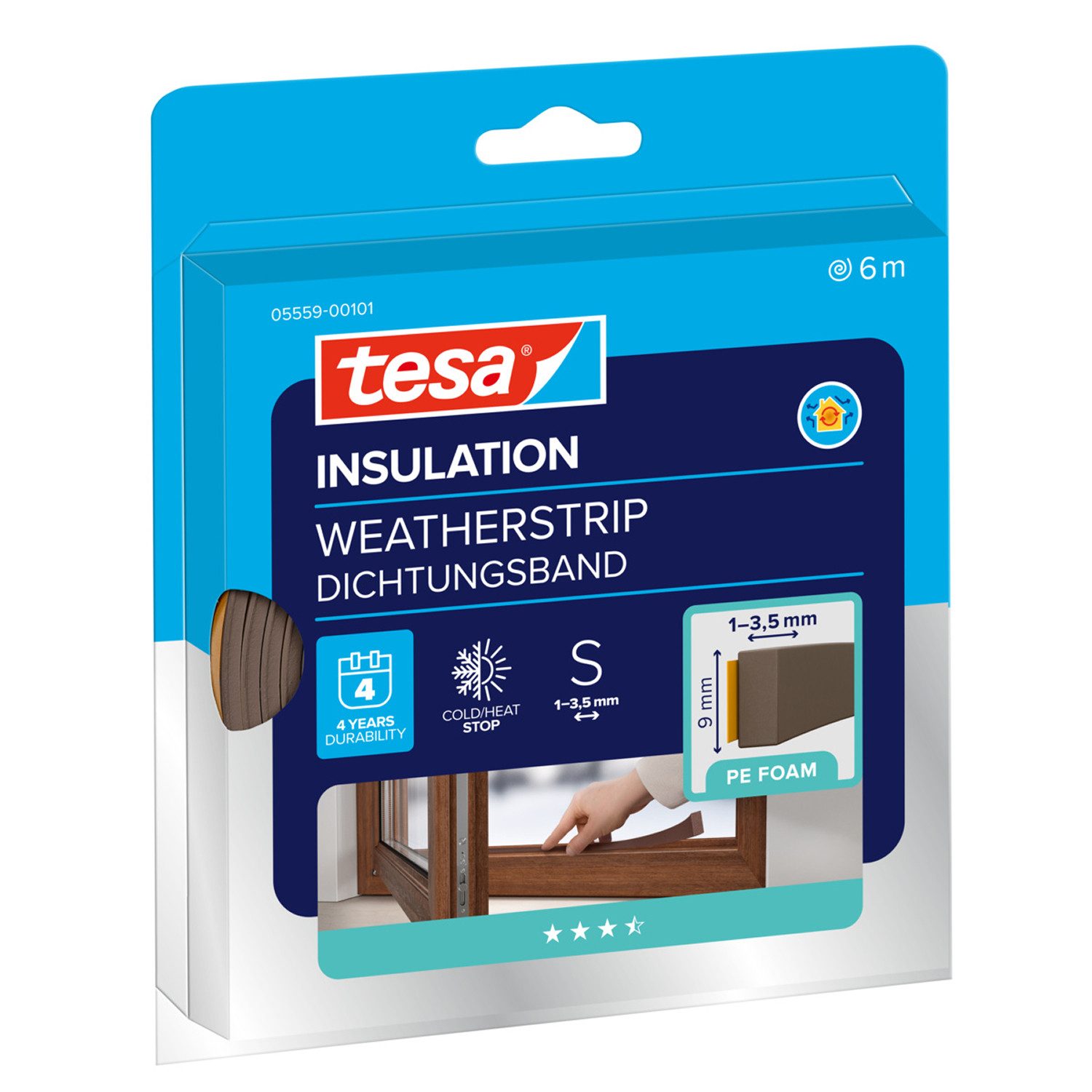 tesa Dichtungsband INSULATION Dichtungsband S - PE-Schaumstoffdichtung zum Isolieren, (Packung, 1-St., Dichtungsband S Braun - 6 m x 9 mm x 4 mm), zum Isolieren von Spalten im Haushalt, selbstklebend