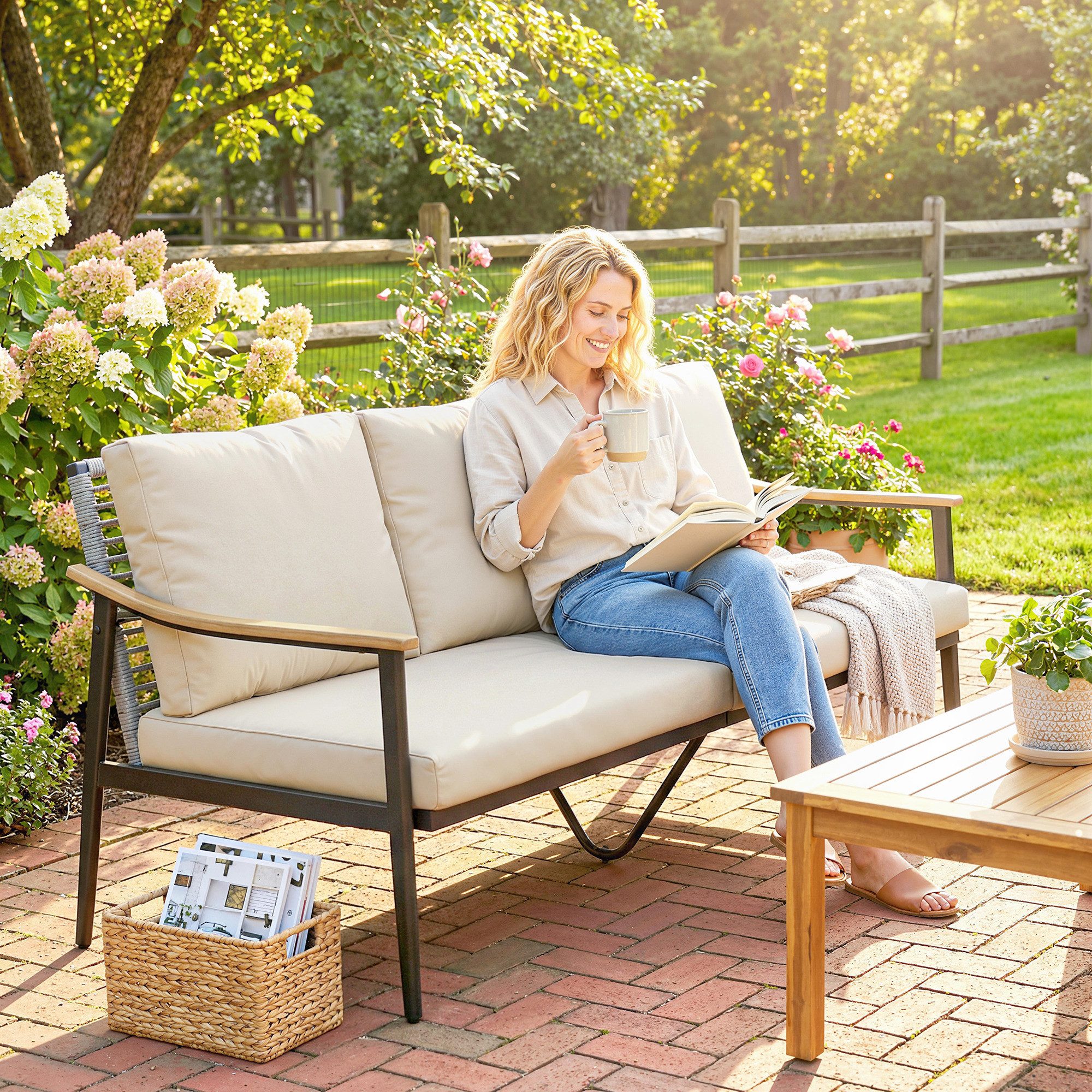 Outsunny Gartensofa mit abnehmbar Kissen, Holzoptik-Armlehnen, Stahlrahmen, Gartenbank 1 Teile, für Garten Terrasse Khaki